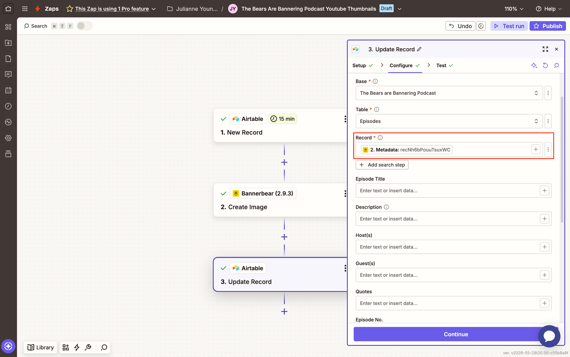 Screenshot of Zapier Airtable update record event record search value outlined in red