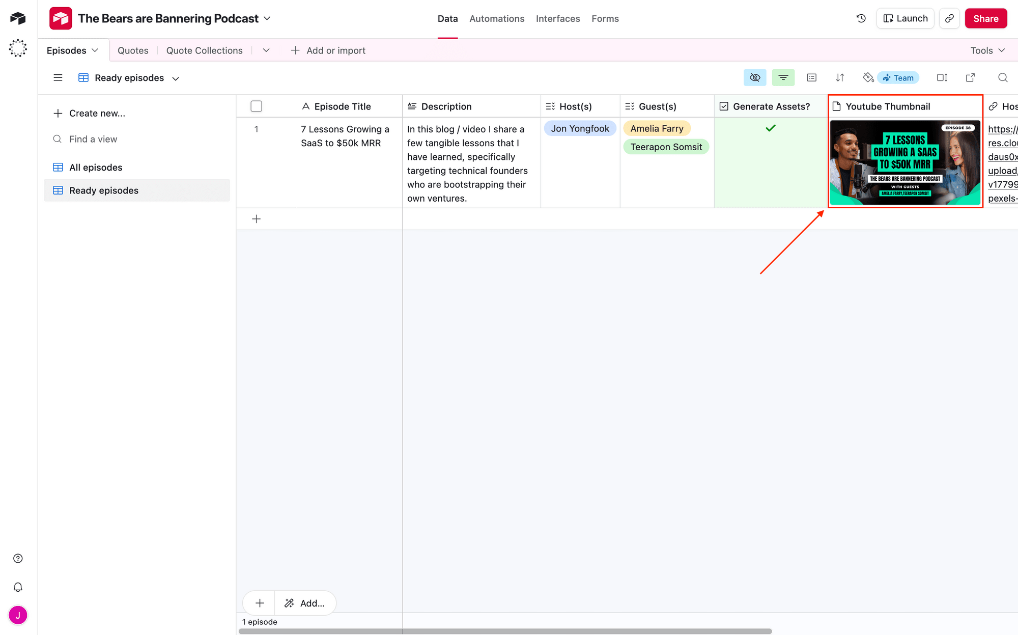 Screenshot of Airtable base with youtube thumbnail outlined in red