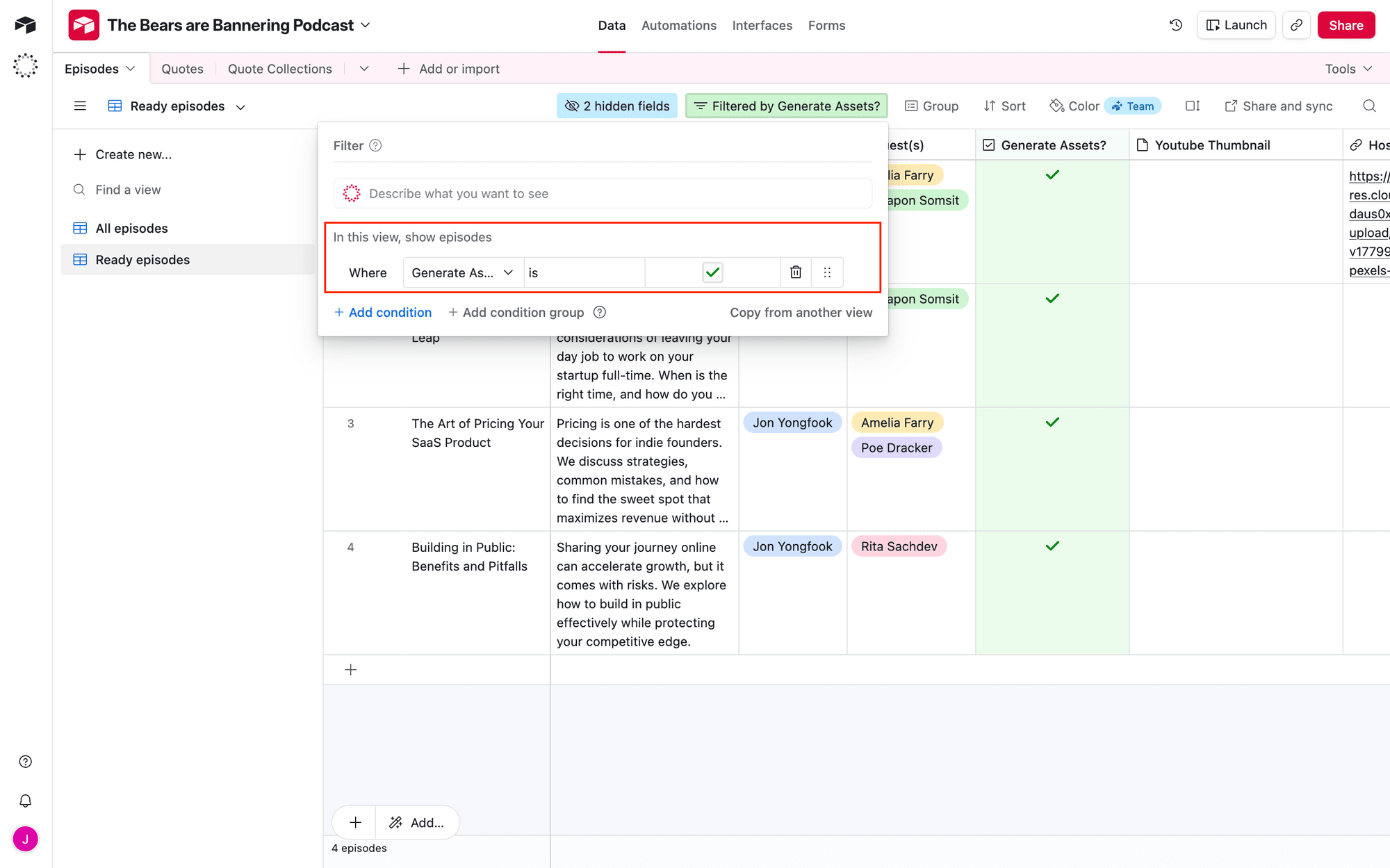 Screenshot of Airtable base with record filter outlined in red