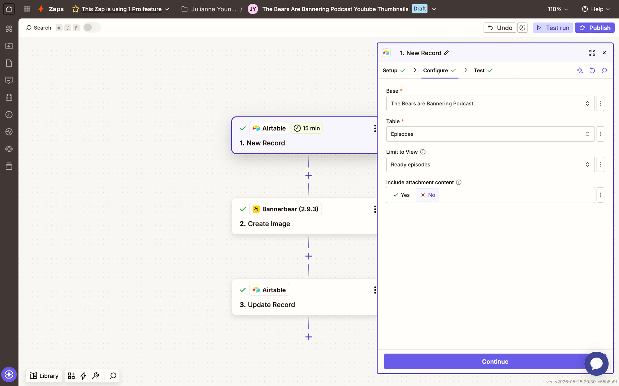 Screenshot of Zapier Airtable new record action config