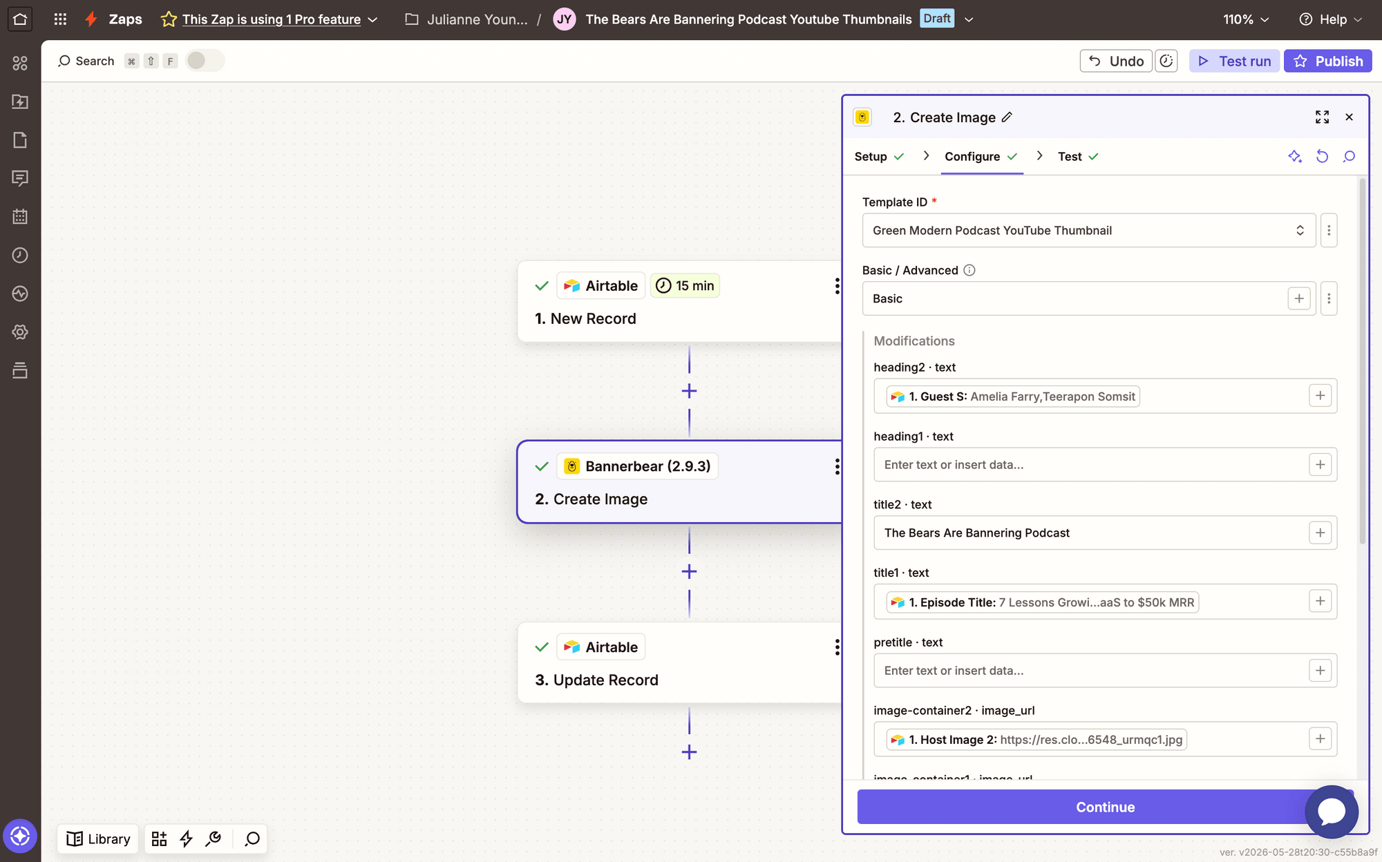 Screenshot of Zapier Bannerbear create image event config