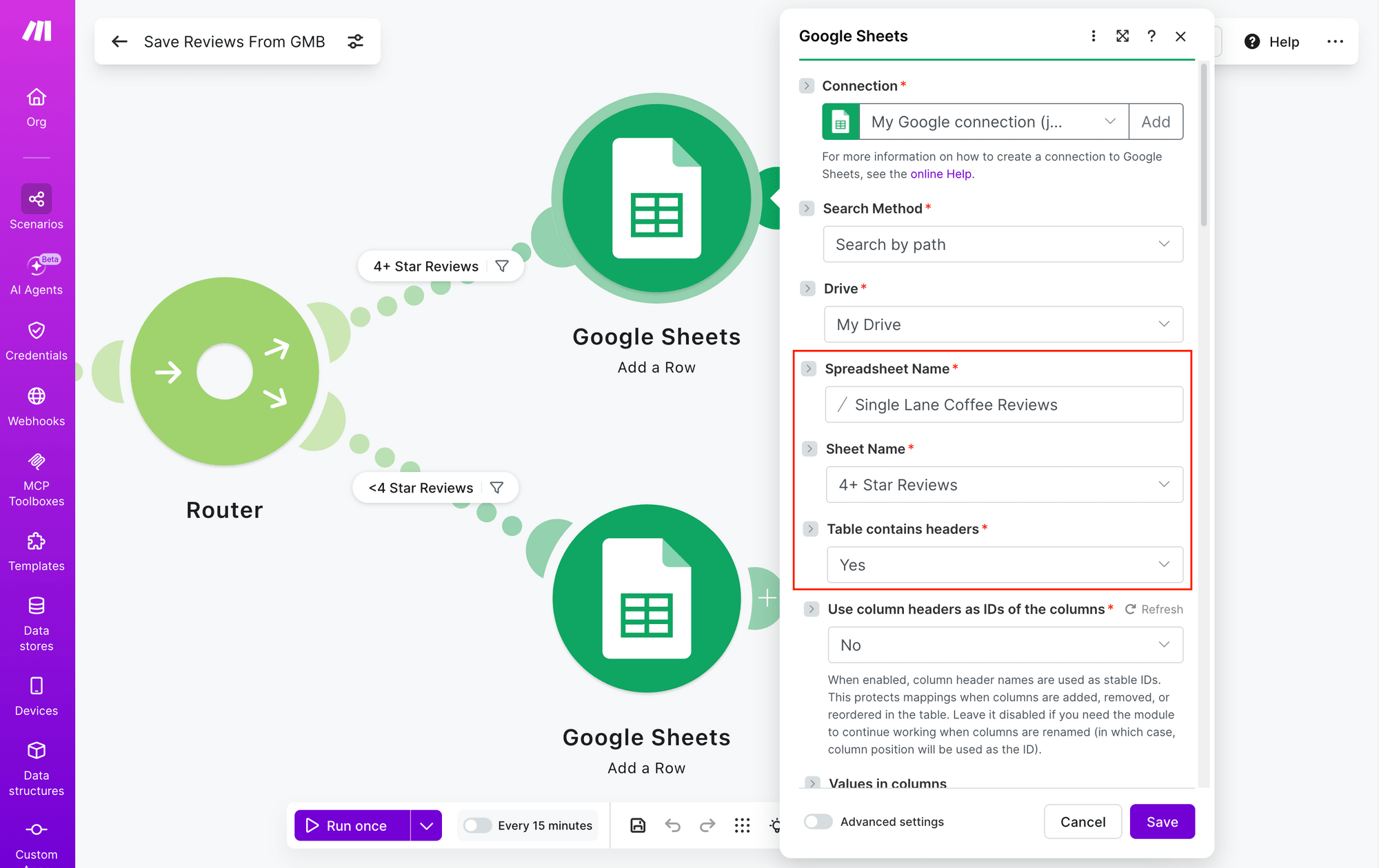 Screenshot of Make Google Sheets add a row to 4+ star reviews module