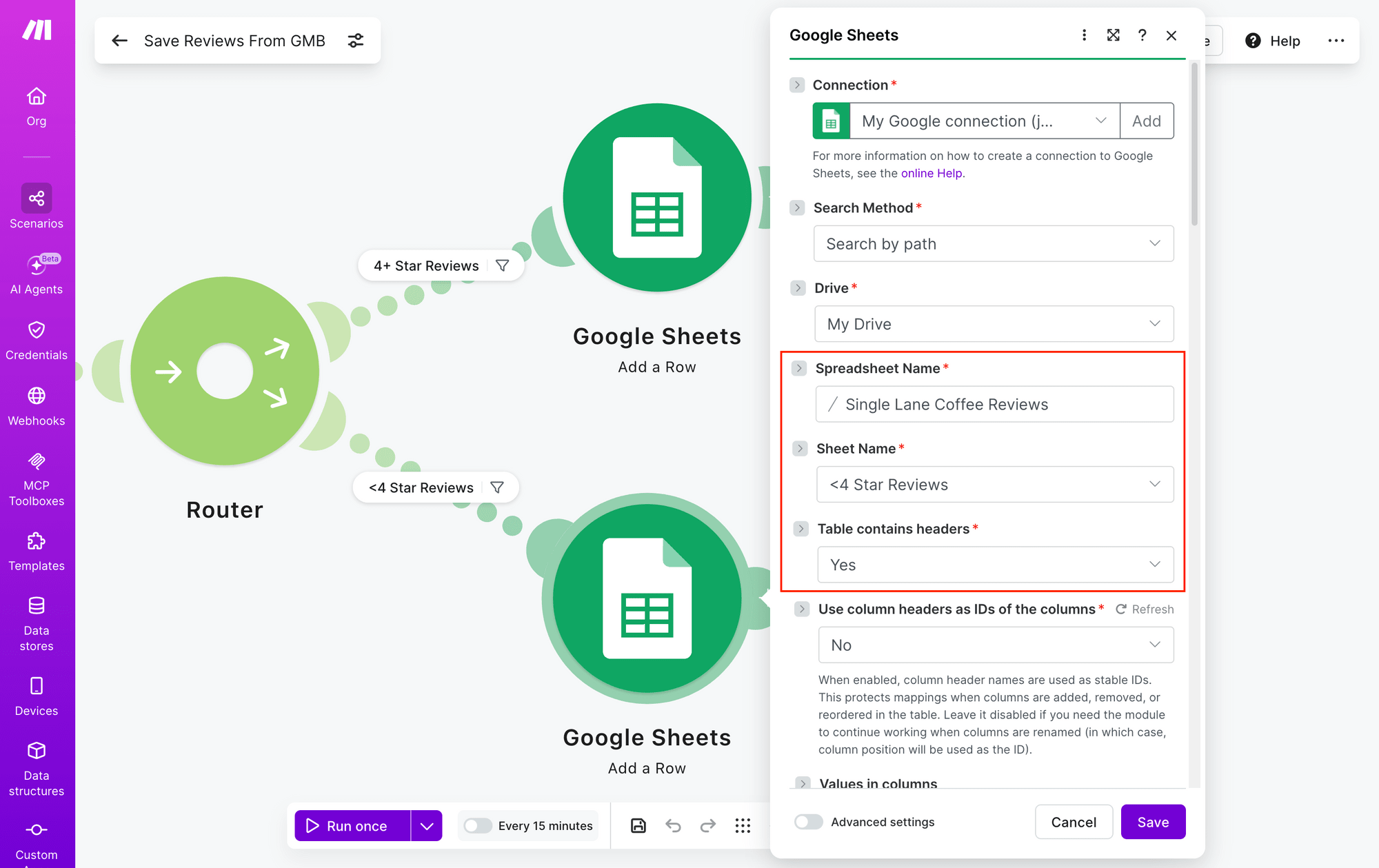 Screenshot of Make Google Sheets add a row to <4 star reviews module