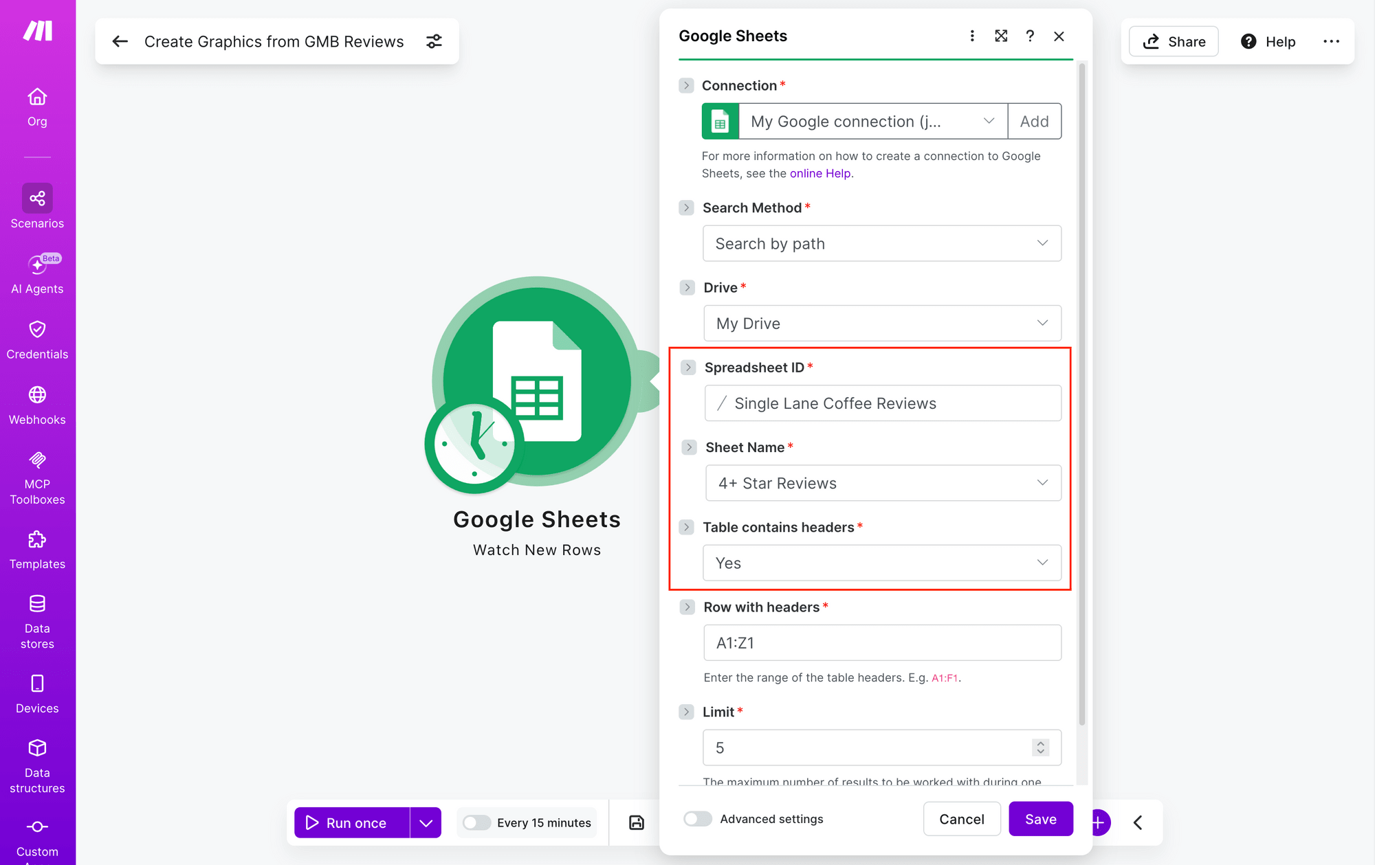 Screenshot of Make Google Sheets watch new rows module