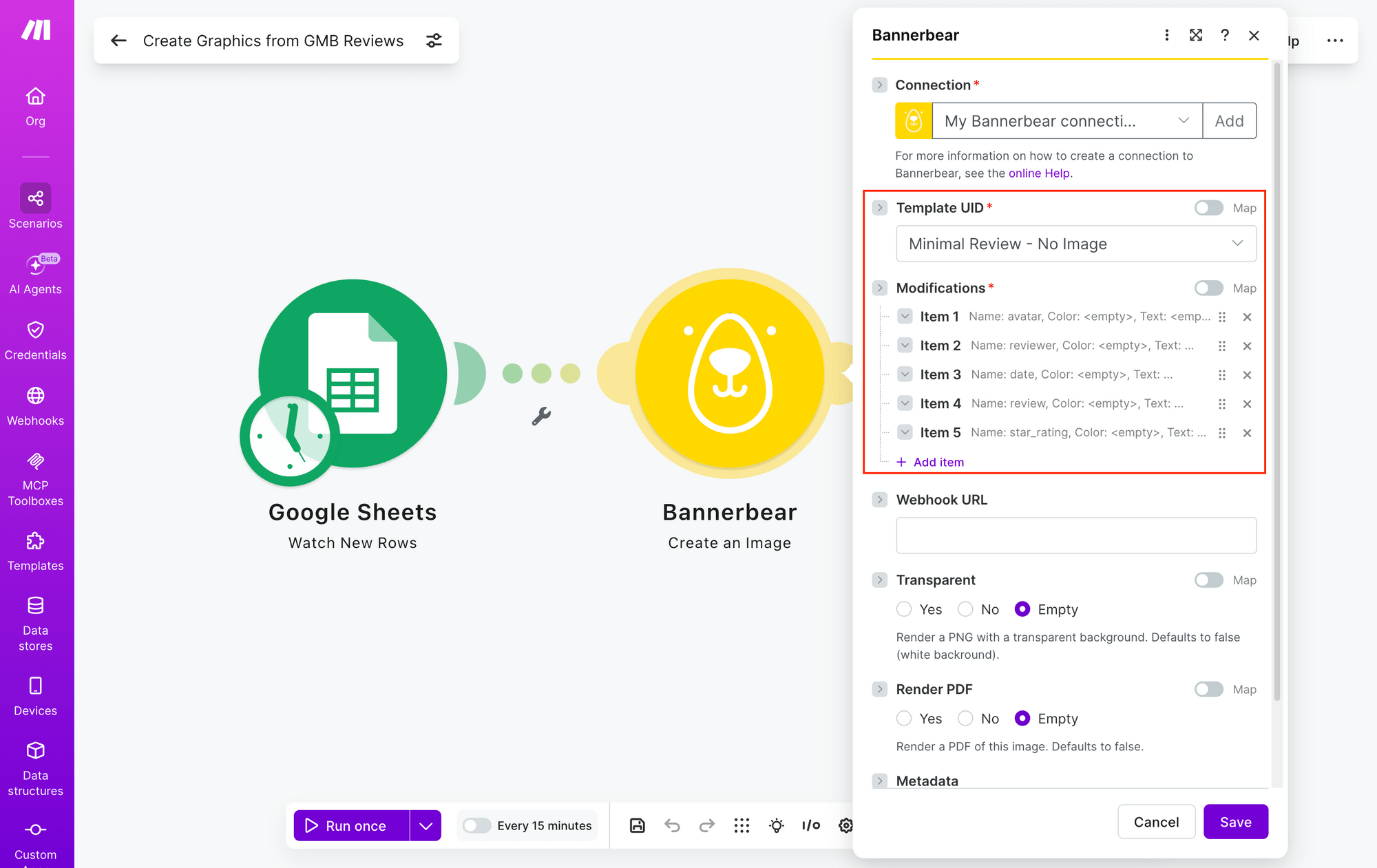 Screenshot of Make Bannerbear create an image module