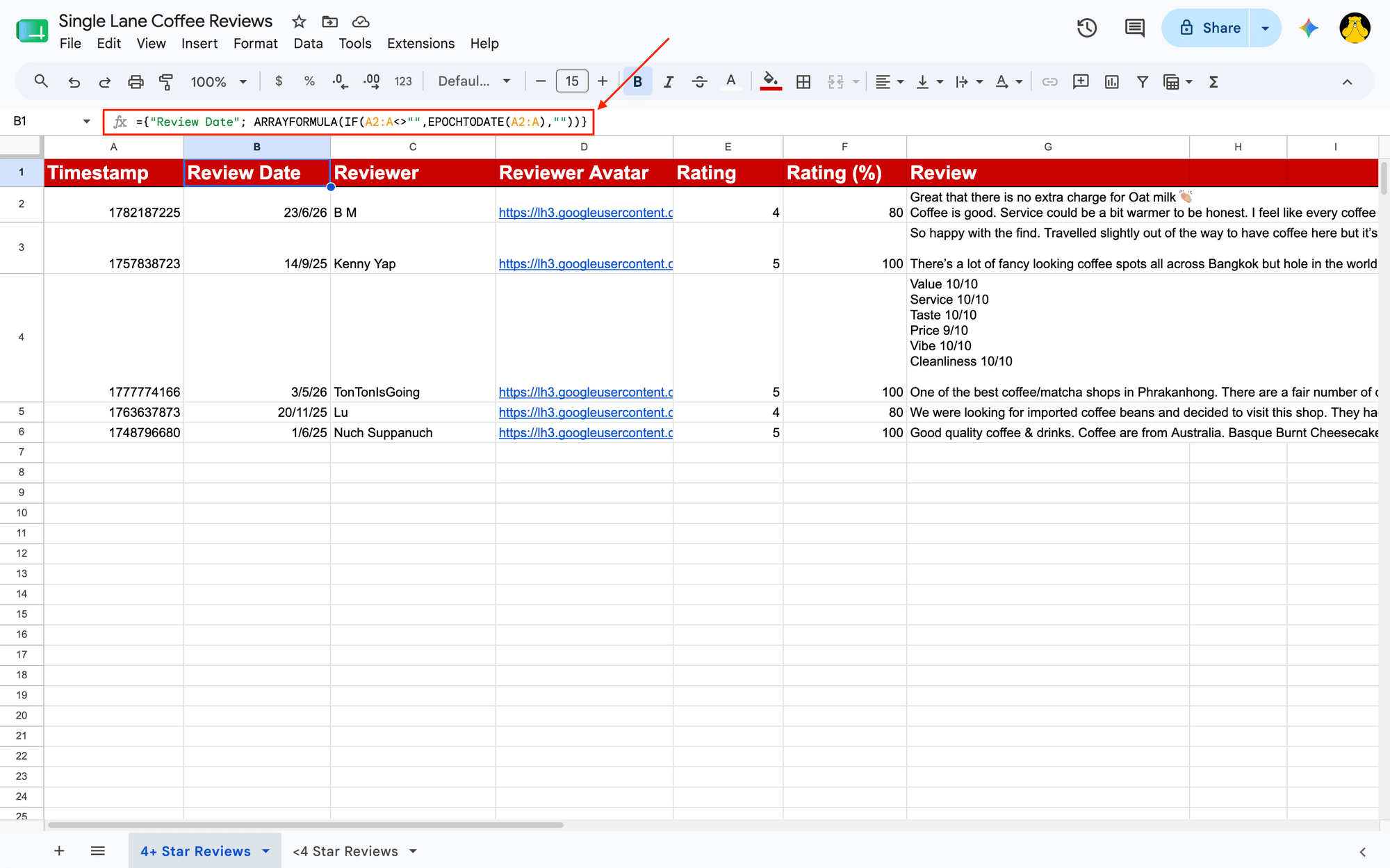 Screenshot of Google Sheets review date field formula