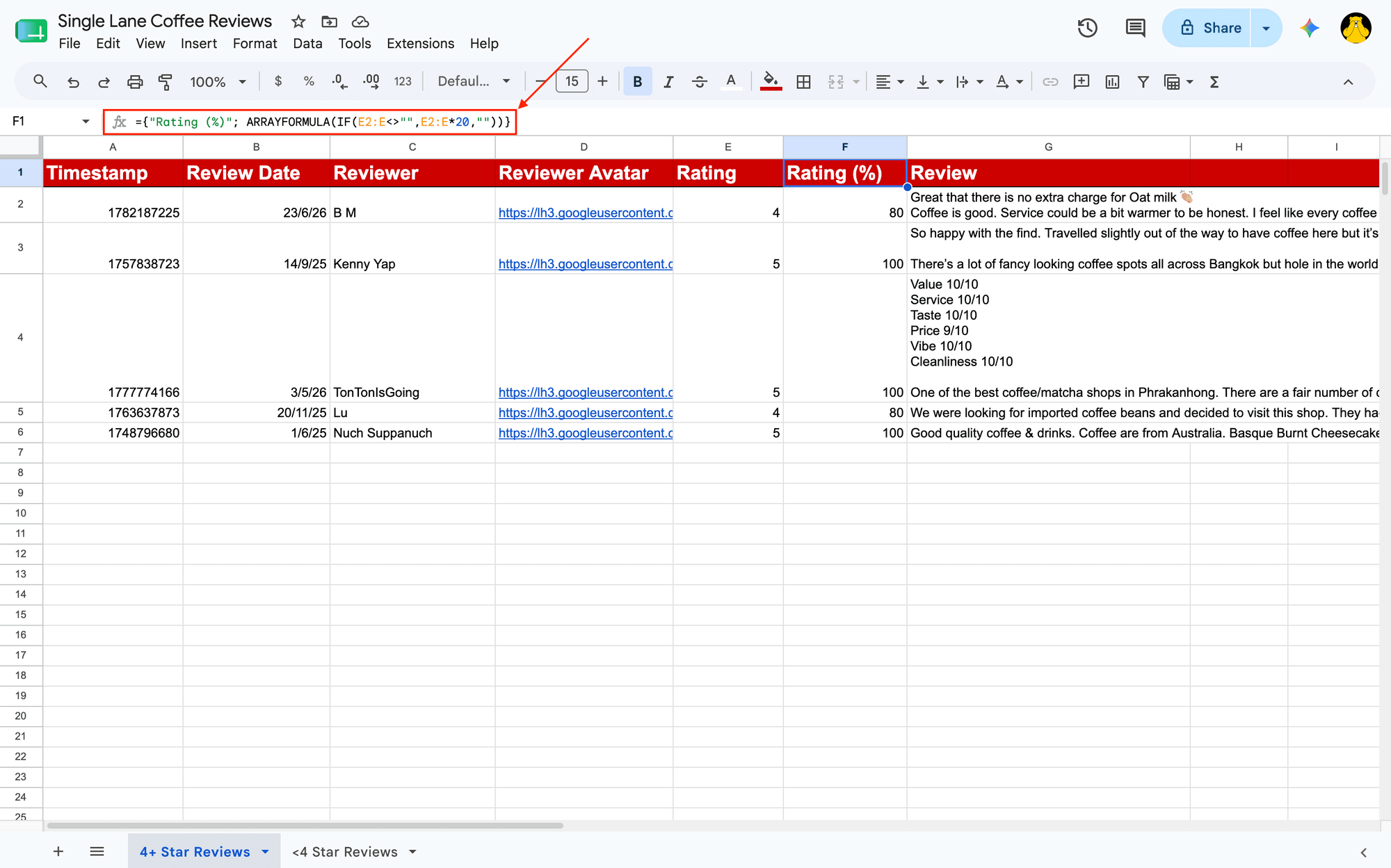 Screenshot of Google Sheets rating (%) field formula