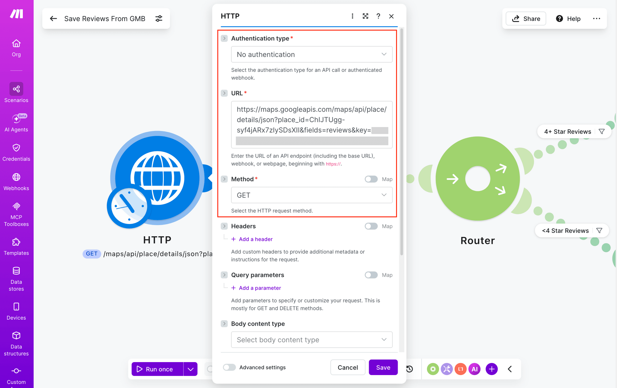 Screenshot of Make http request module