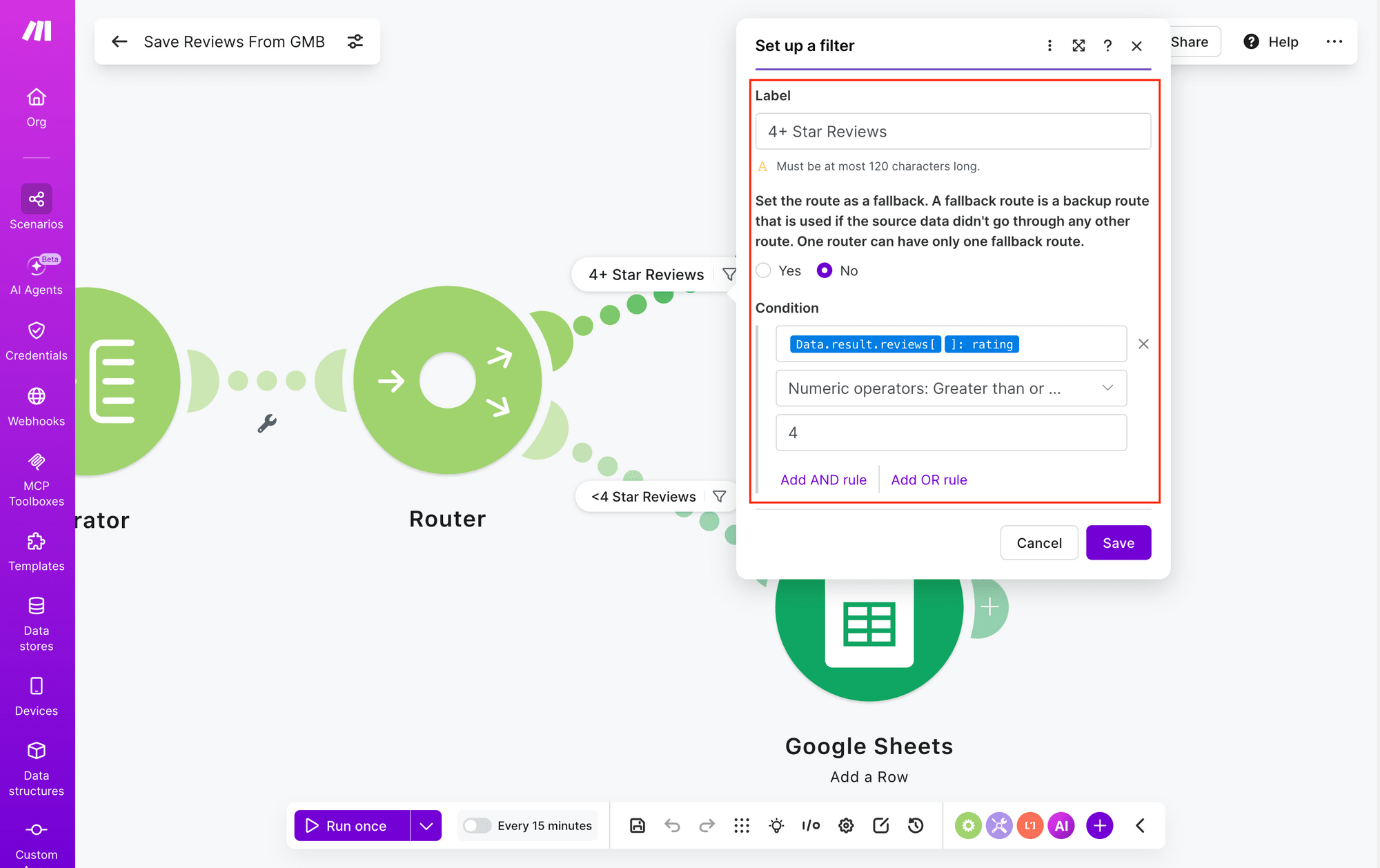 Screenshot of Make 4+ star reviews router filter
