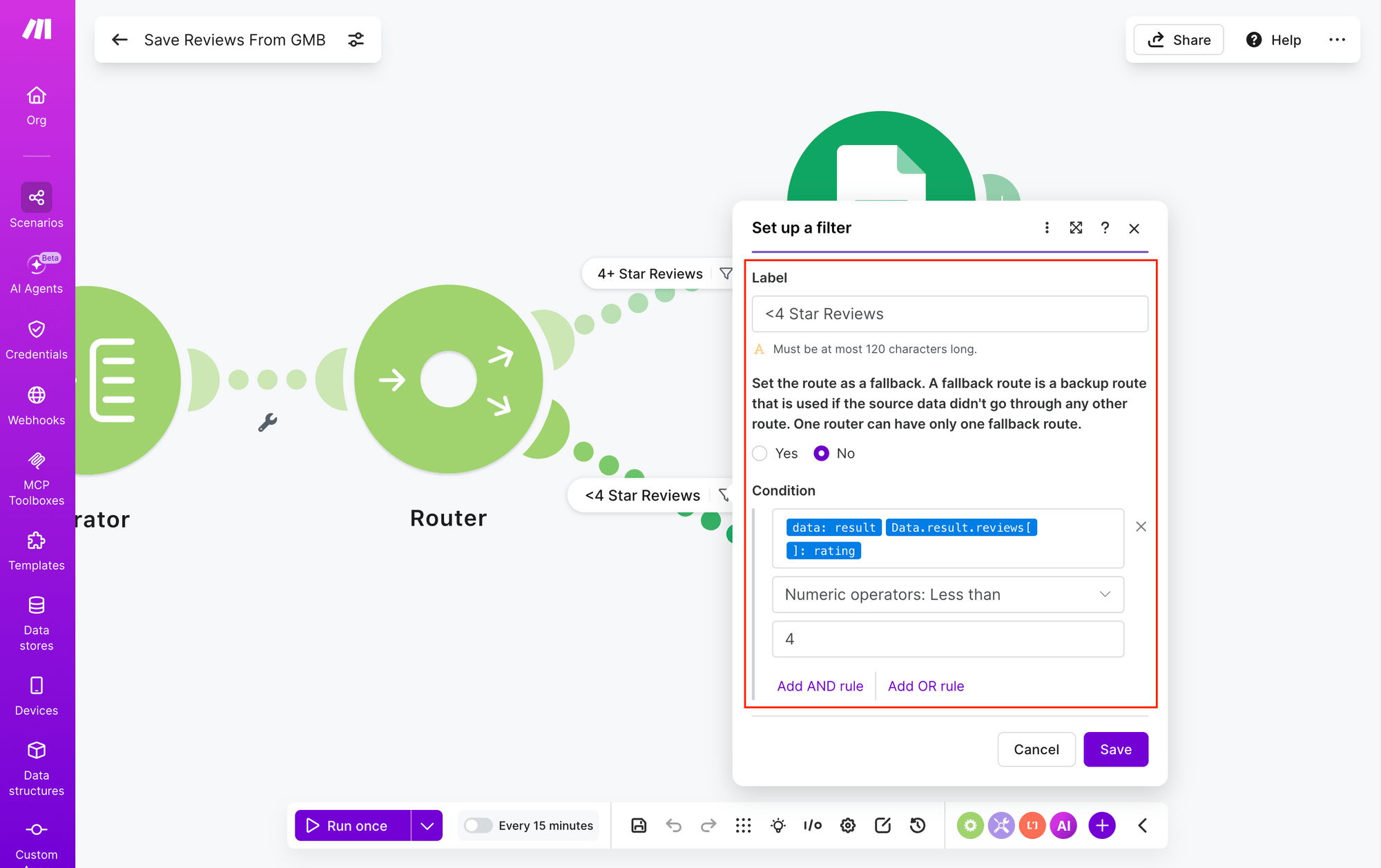 Screenshot of Make <4 star reviews router filter