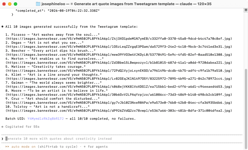 a screenshot of generating a batch of images using Bannerbear MCP in Claude Code.png