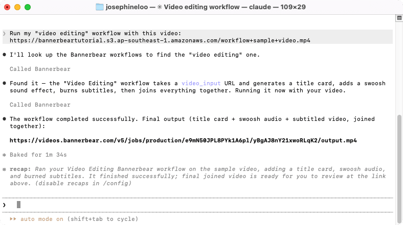 a screenshot of running a workflow using Bannerbear MCP in Claude Code.png