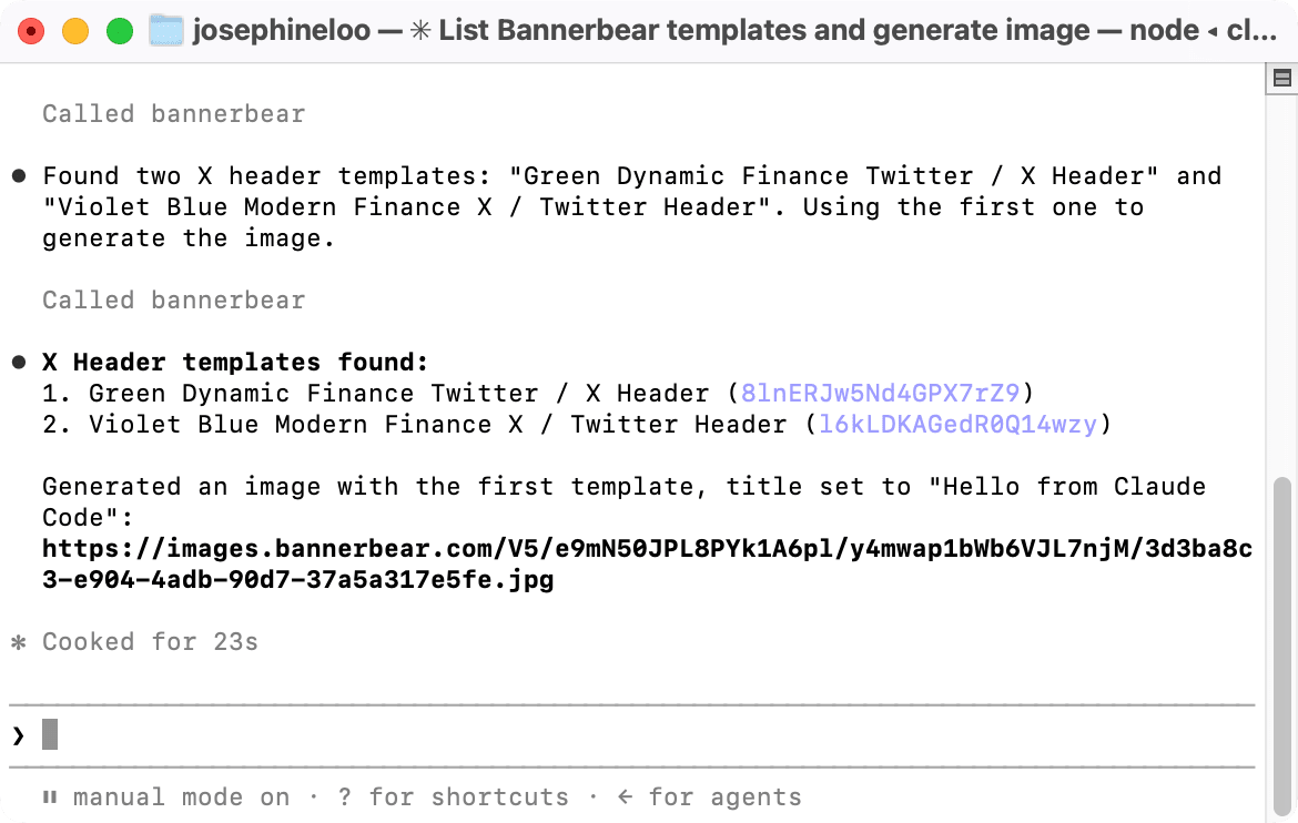 a screenshot showing usage of Bannerbear MCP in Claude Code