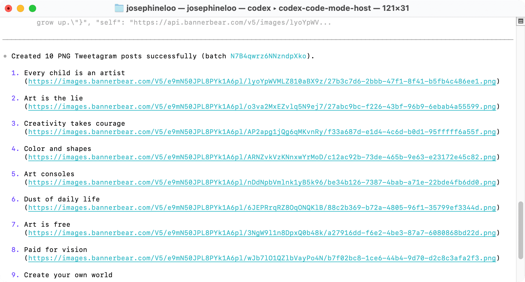 a screenshot of generating a batch of images using Bannerbear MCP in Codex.png