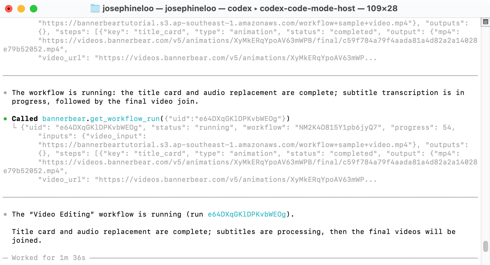 a screenshot of running a workflow using Bannerbear MCP in Codex.png