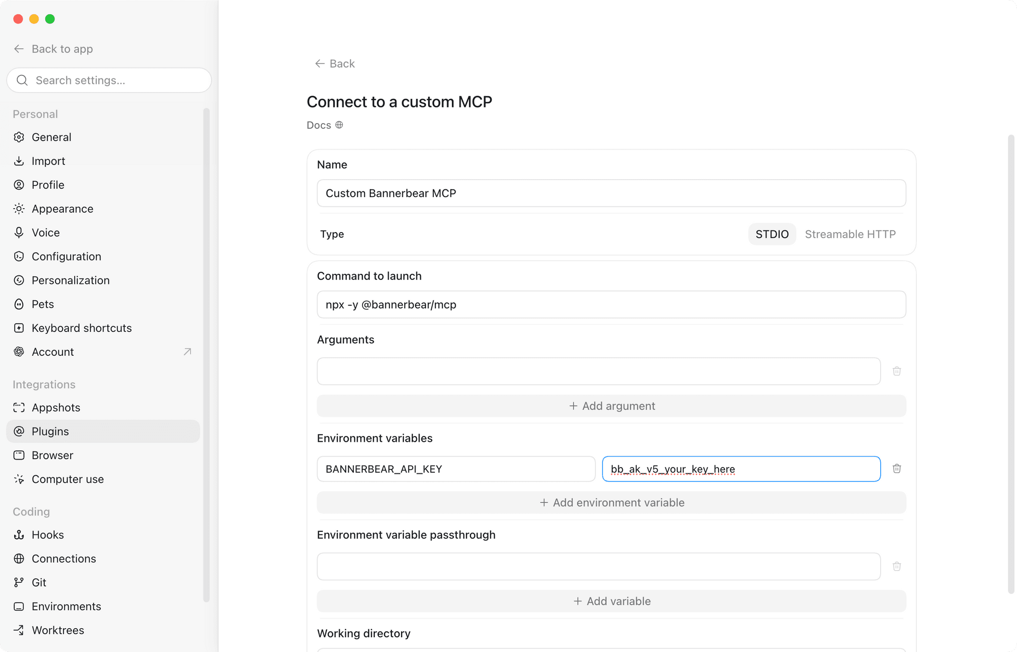 a screenshot of configuration for Bannerbear MCP.png