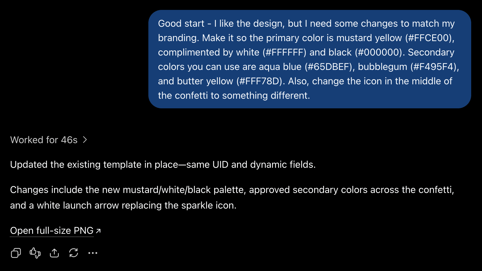 Screenshot of ChatGPT template modification convo