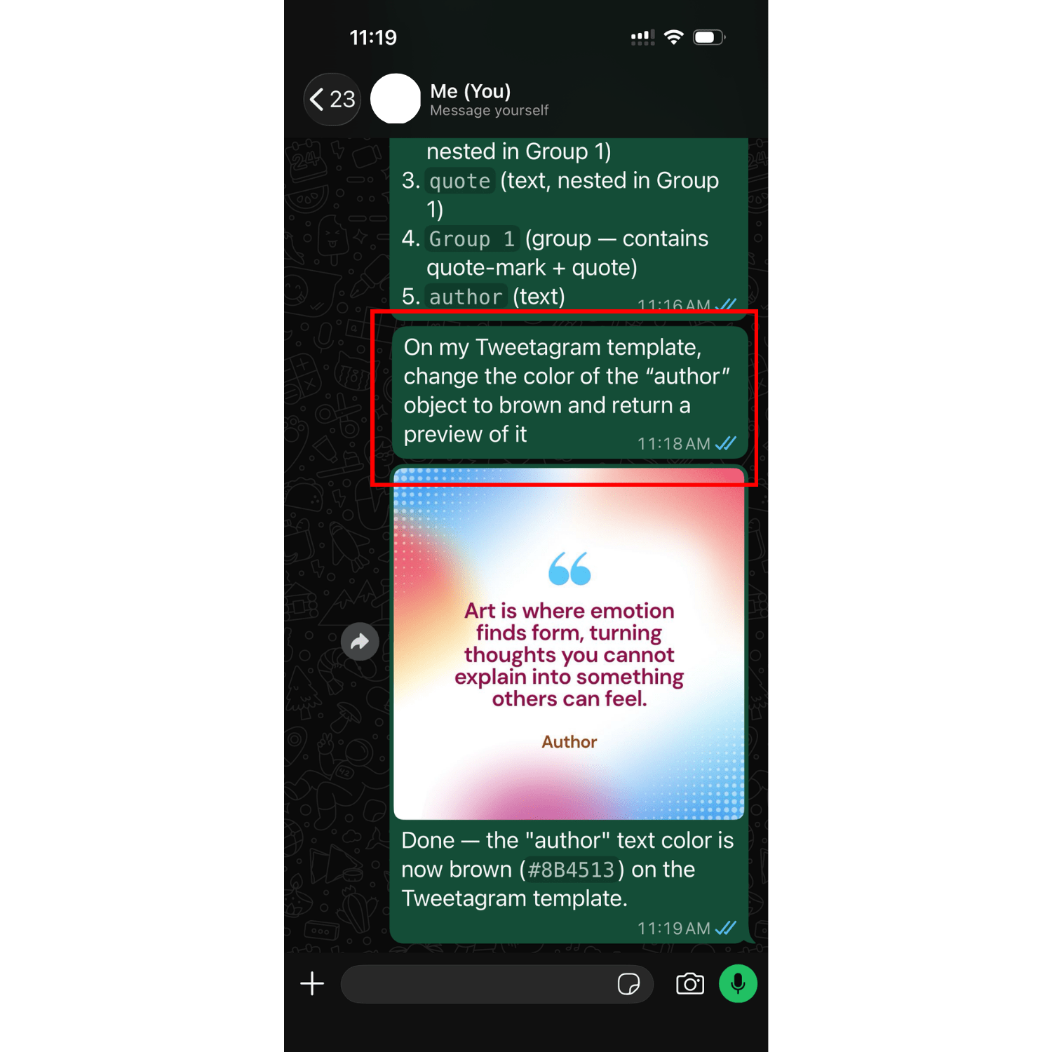 a screenshot of editing a template using Bannerbear MCP in OpenClaw WhatsApp channel.png