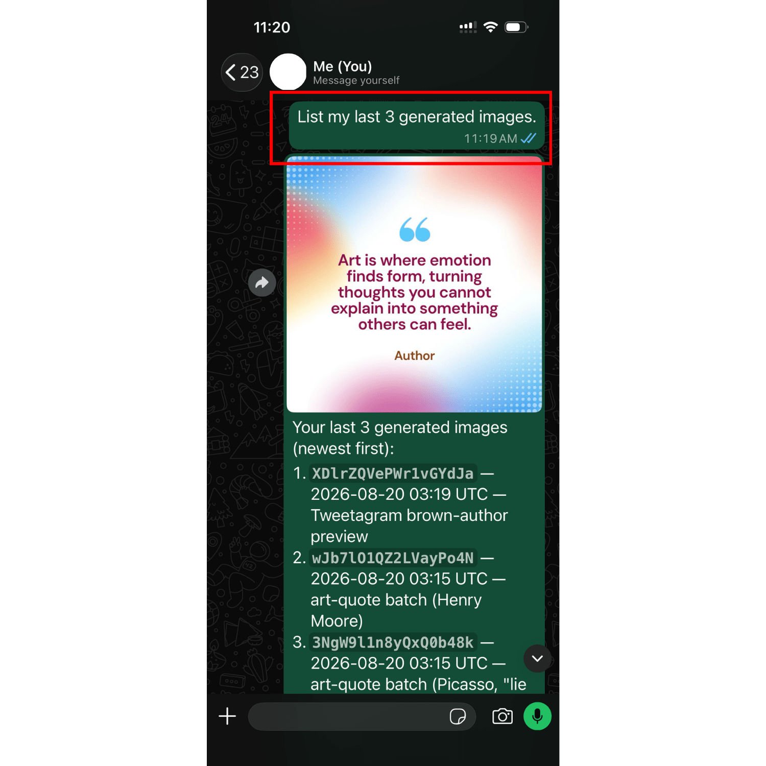 a screenshot of recent Bannerbear image generation in OpenClaw WhatsApp channel - 1.png