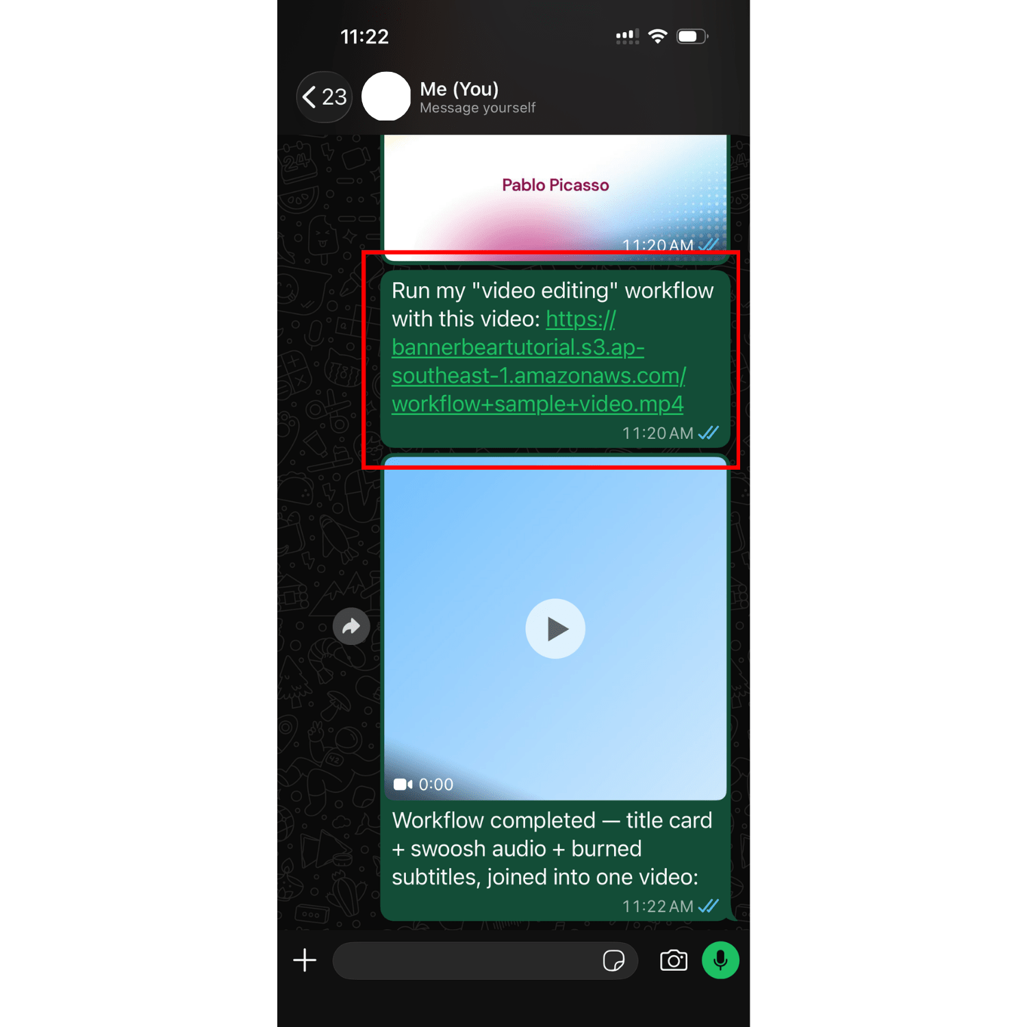 a screenshot of running a workflow using Bannerbear MCP in OpenClaw WhatsApp channel.png