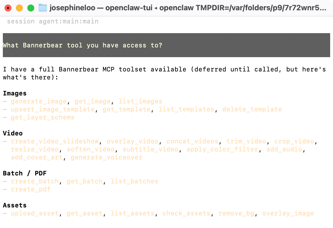 a screenshot of verifying Bannerbear MCP connection in OpenClaw CLI.png