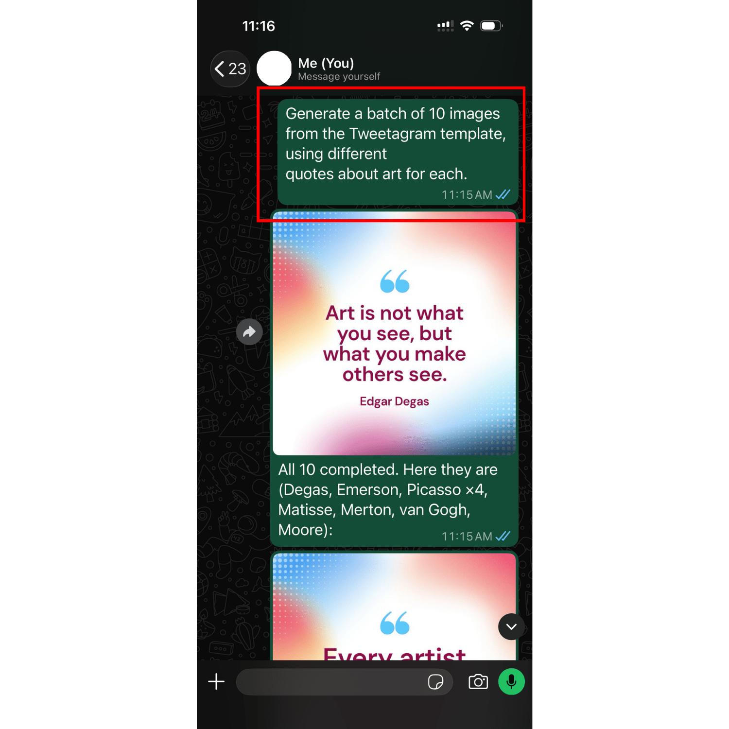 generating a batch of images using Bannerbear MCP in OpenClaw WhatsApp channel.png