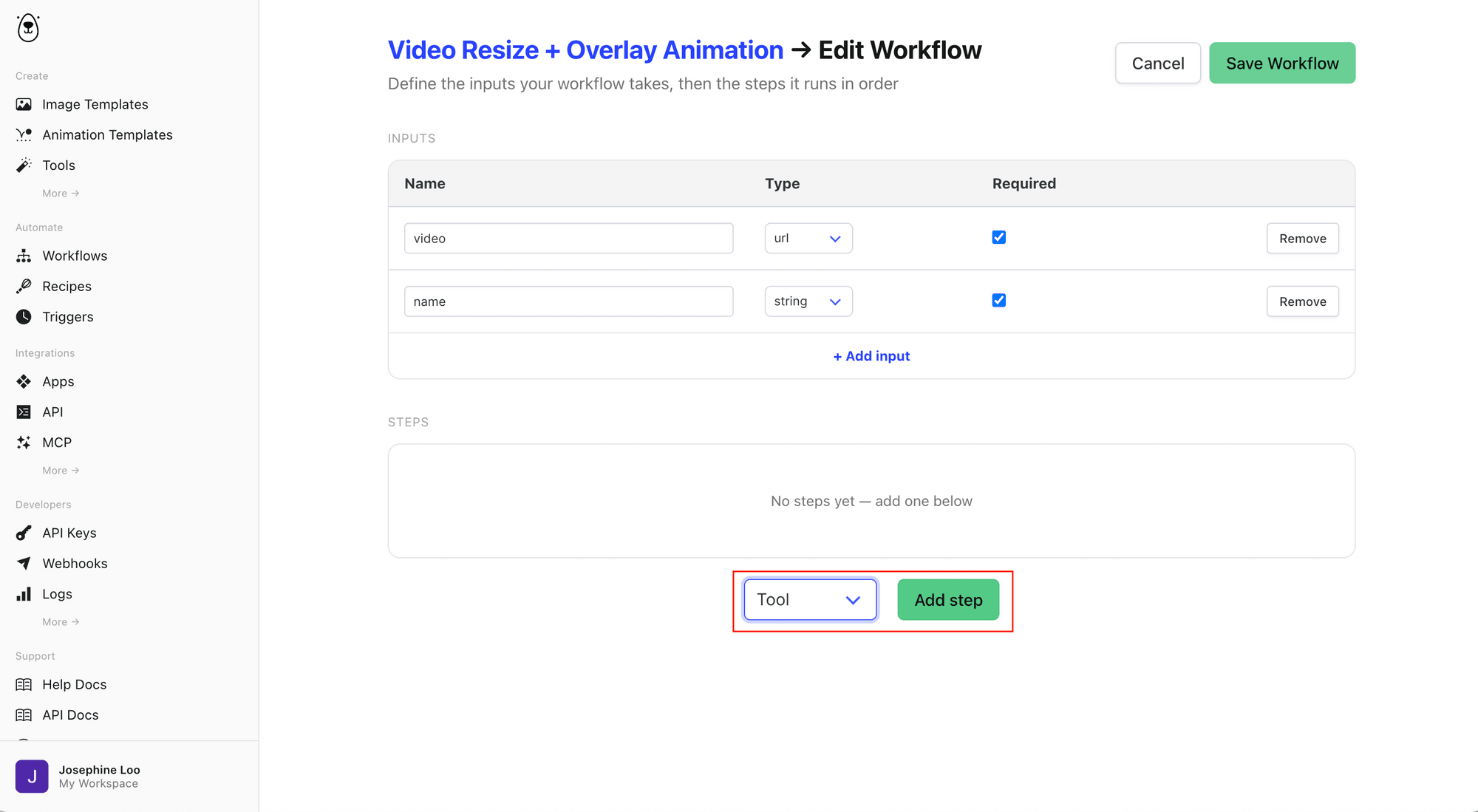 Resize video step referencing the video input