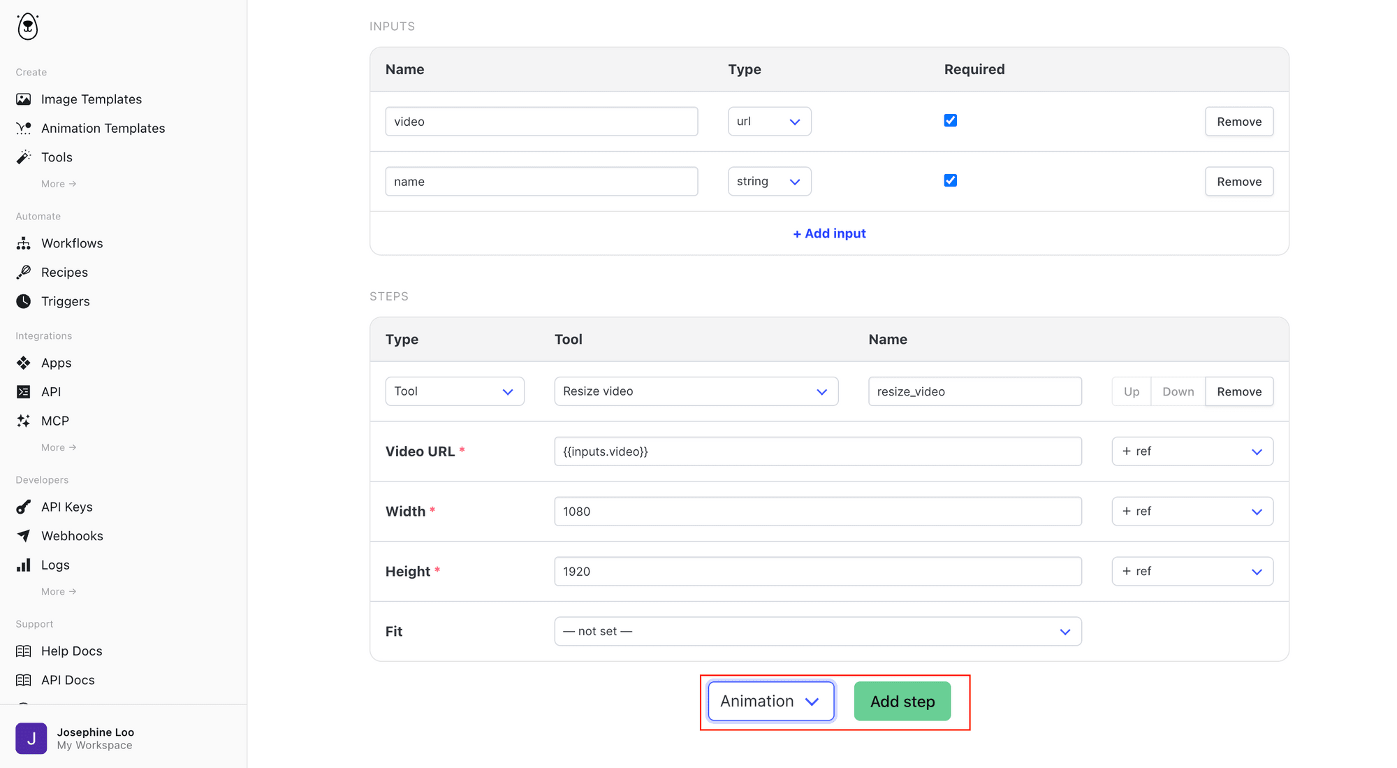 a screenshot of adding a Animation step to the workflow.png