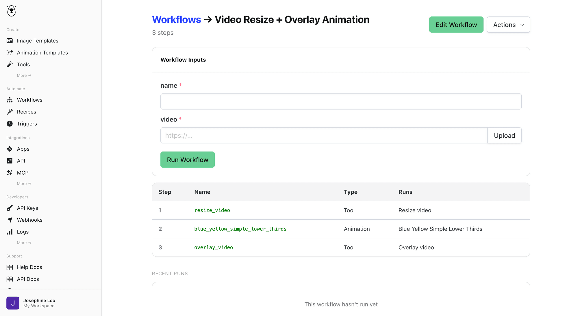 Workflow overview showing 3 steps and recent runs