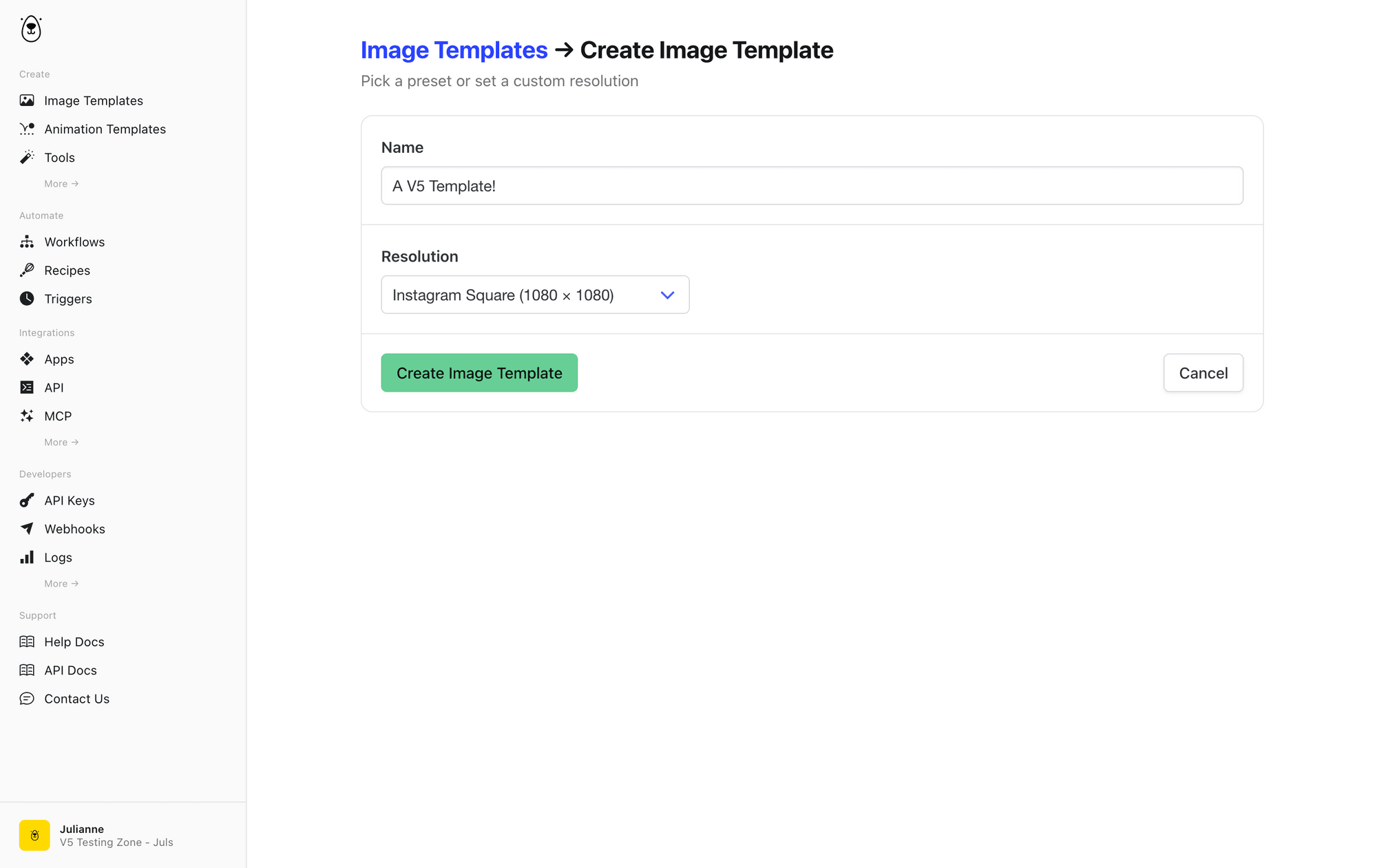 Screenshot of Bannerbear image template setup