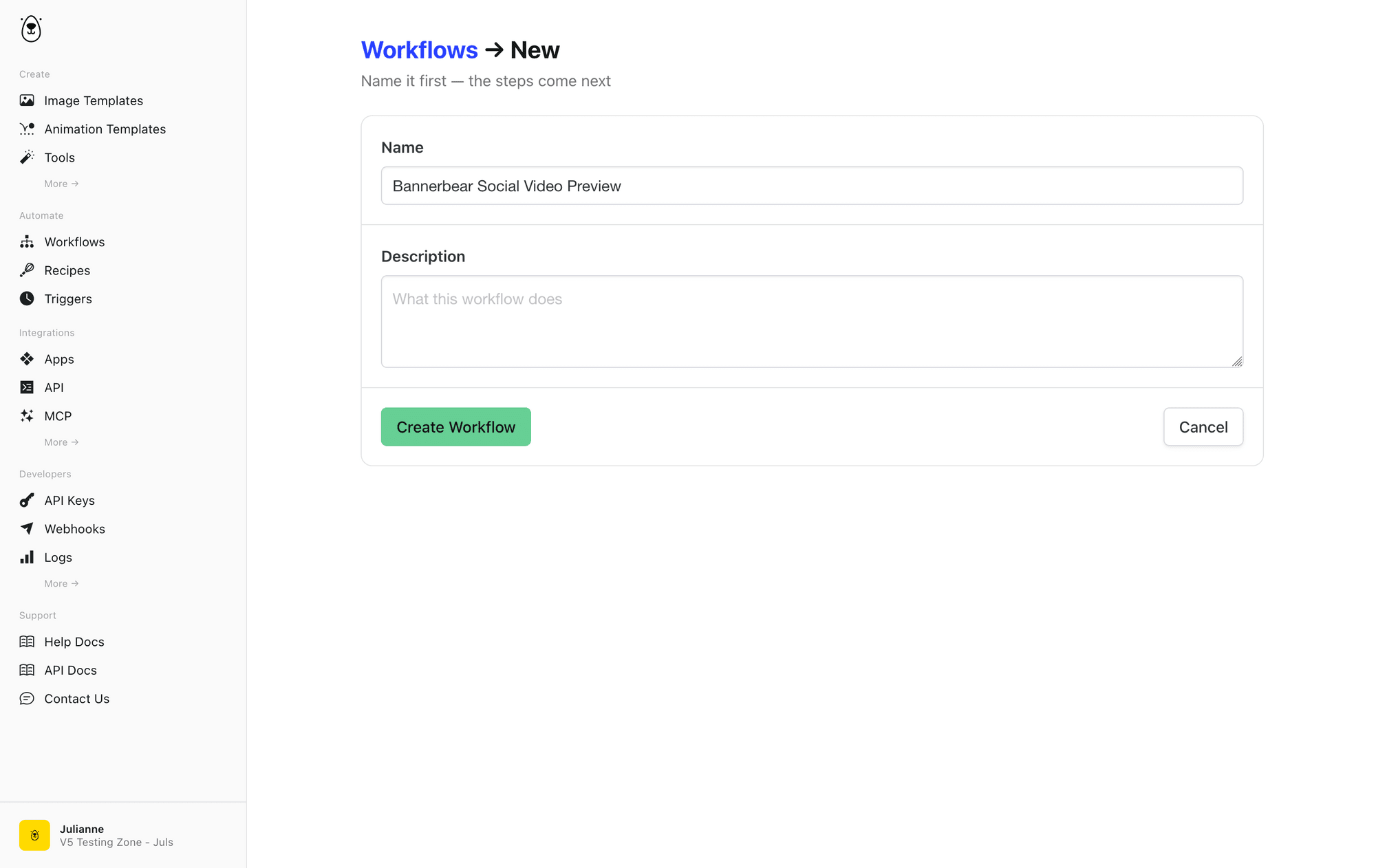 Screenshot of Bannerbear workflows setup