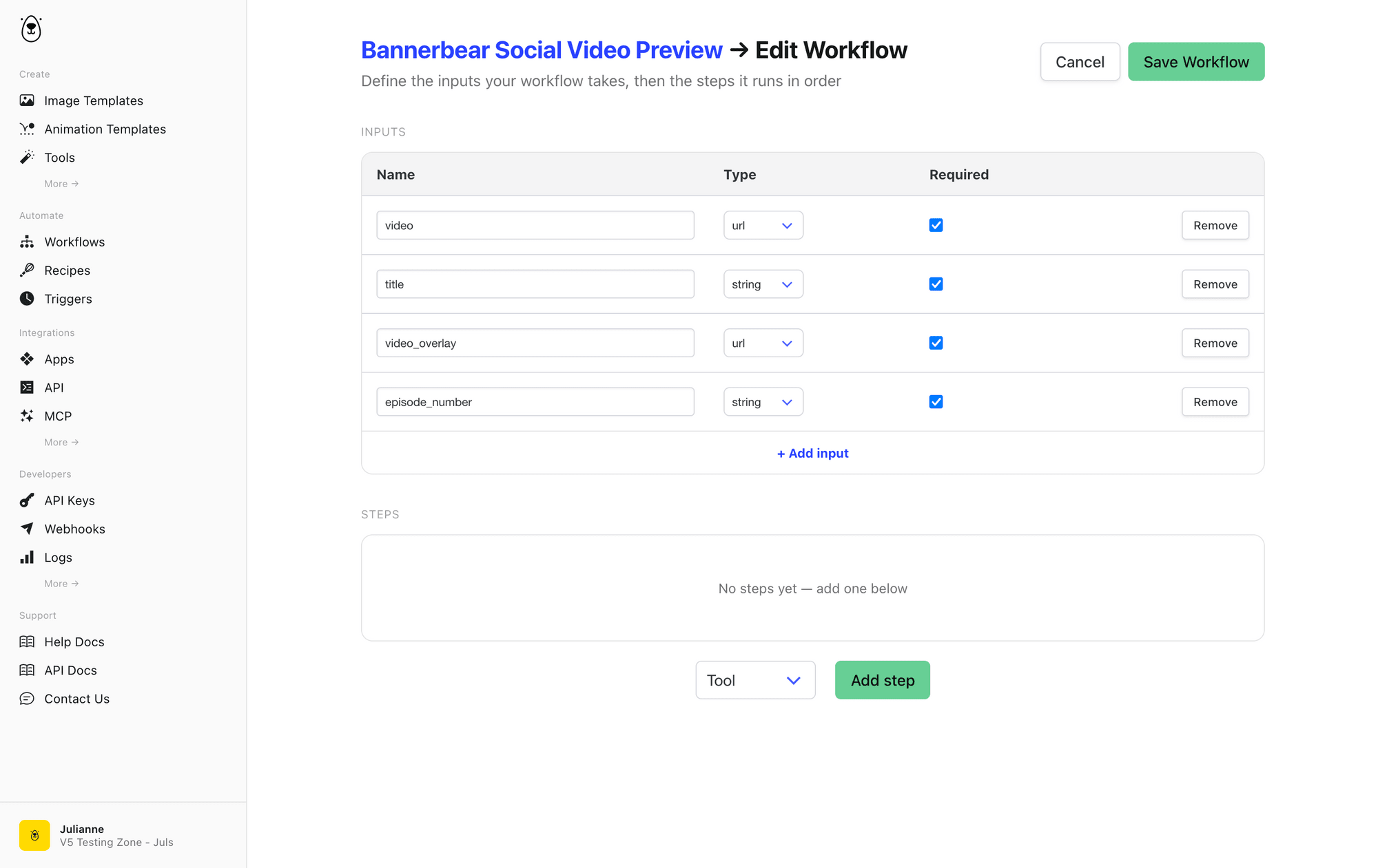 Screenshot of Bannerbear workflows inputs