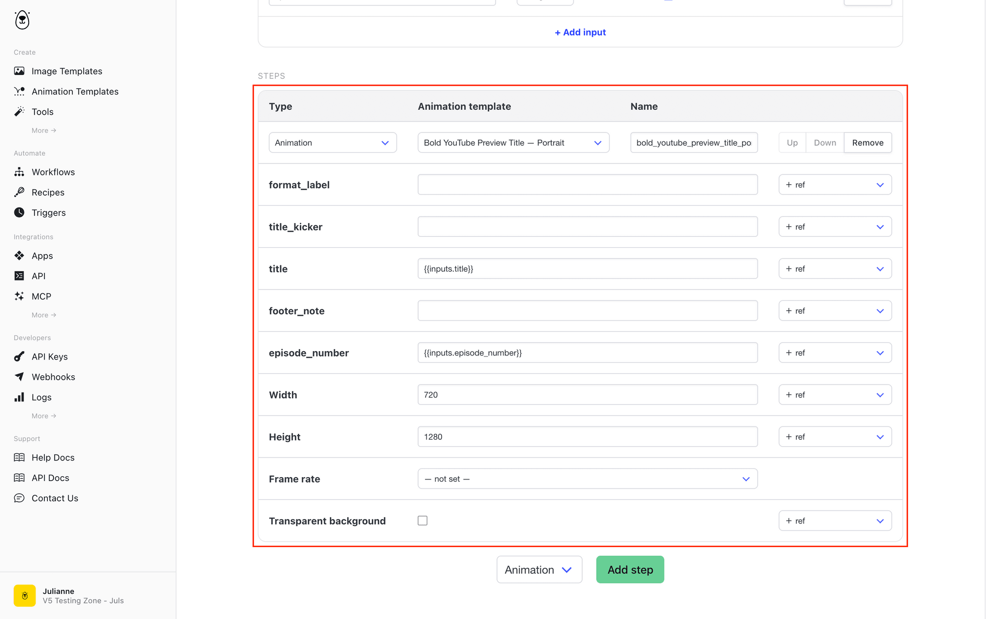 Screenshot of Bannerbear workflows animation step