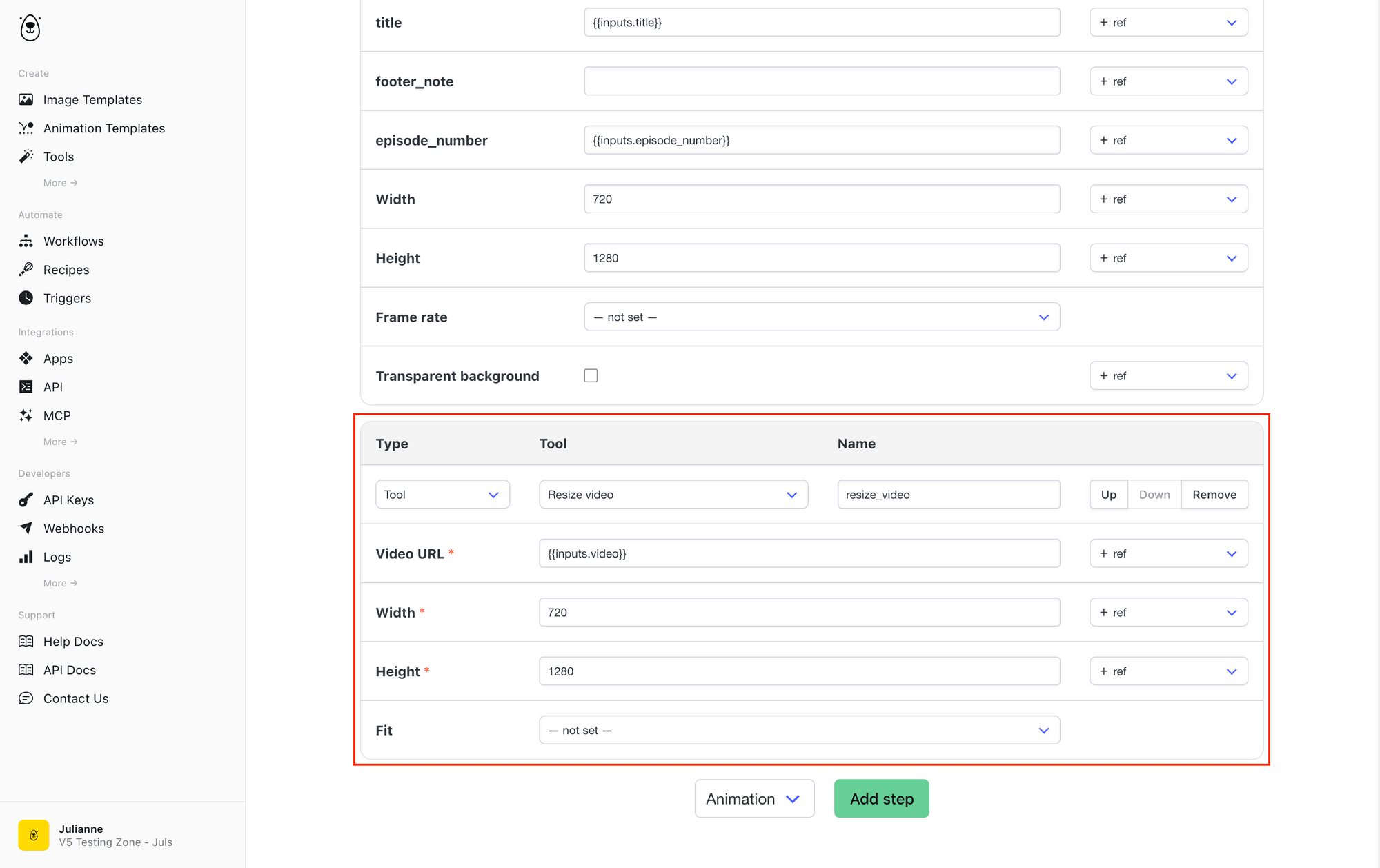 Screenshot of Bannerbear workflows resize video tool