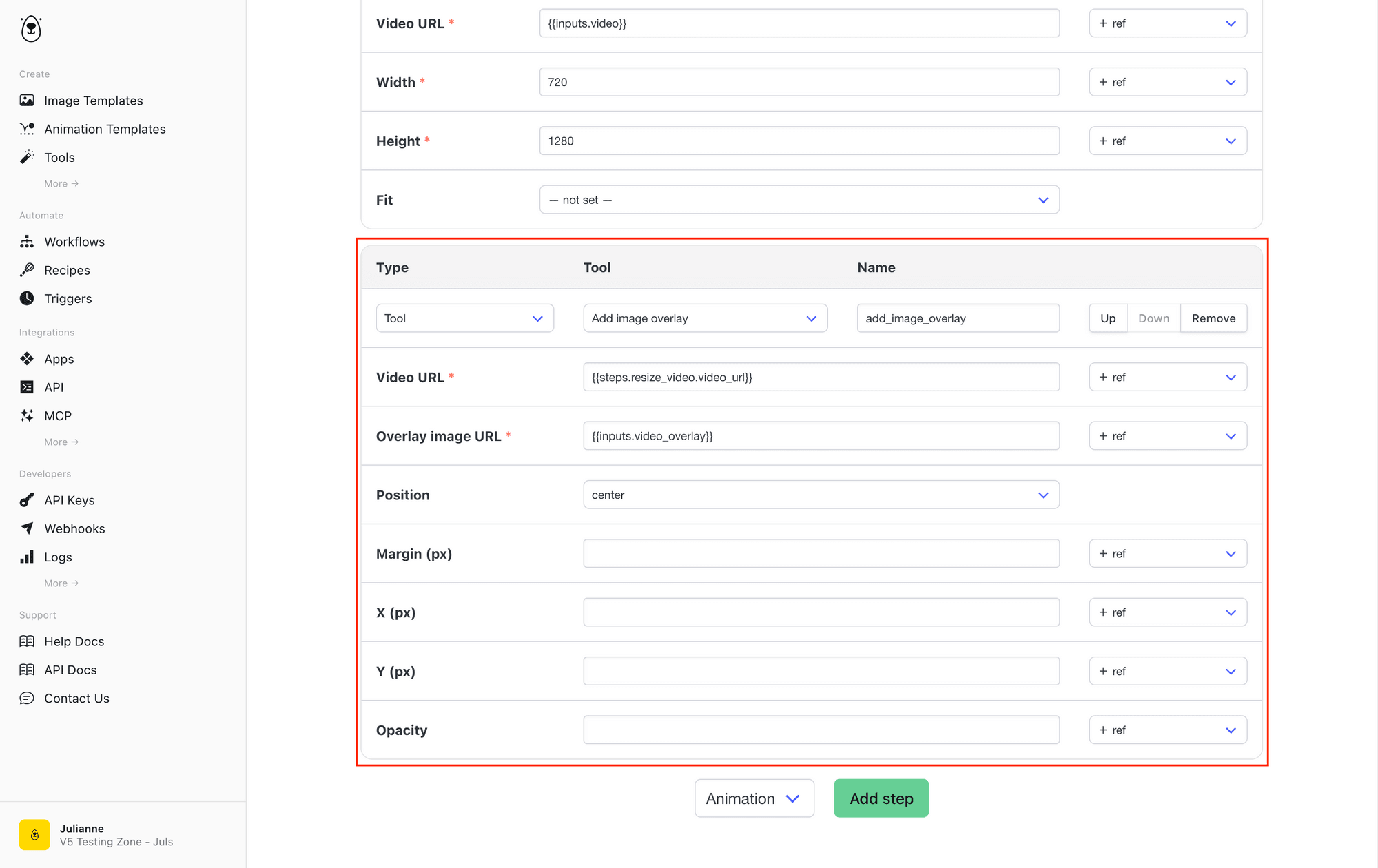Screenshot of Bannerbear workflows add image overlay tool