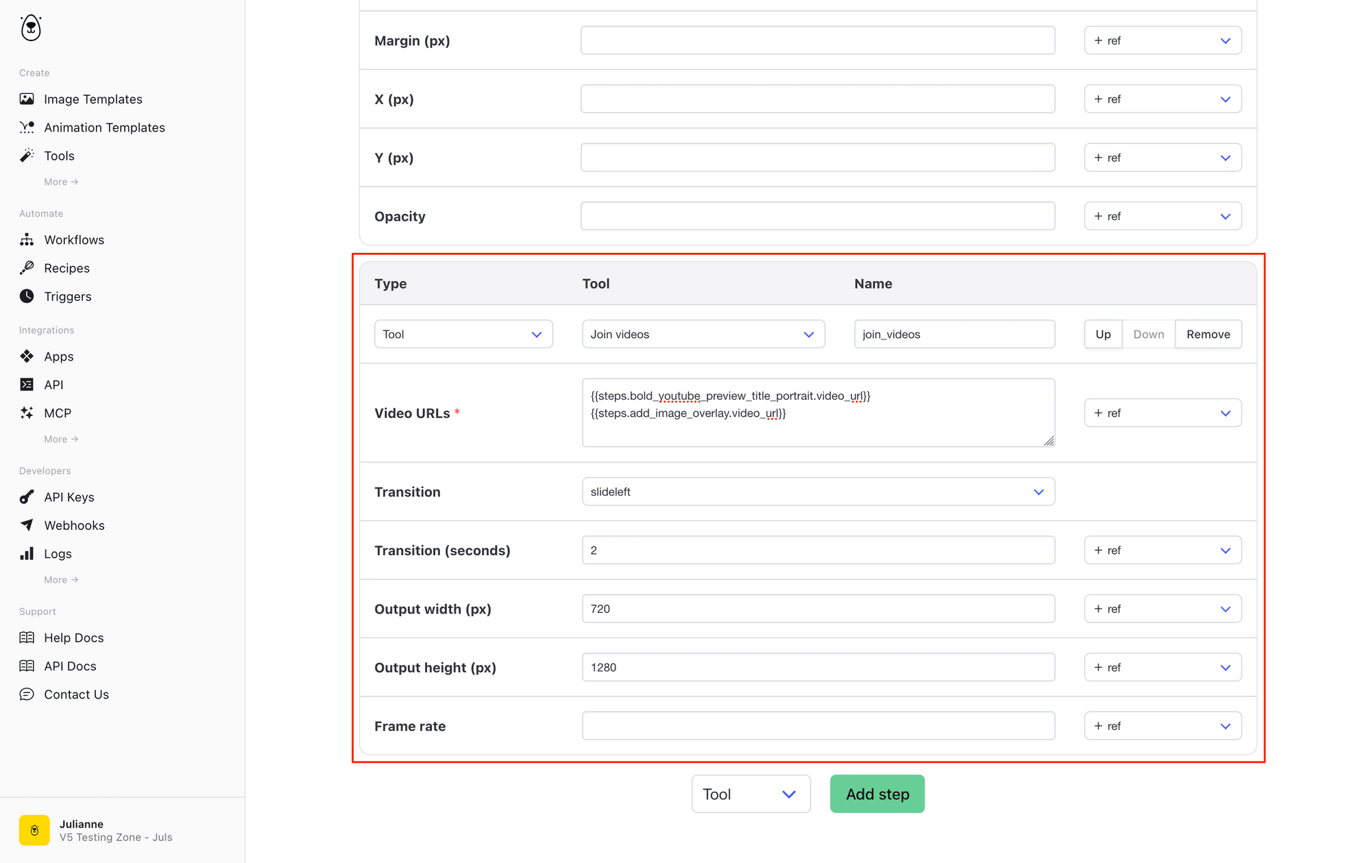 Screenshot of Bannerbear workflows join videos tool