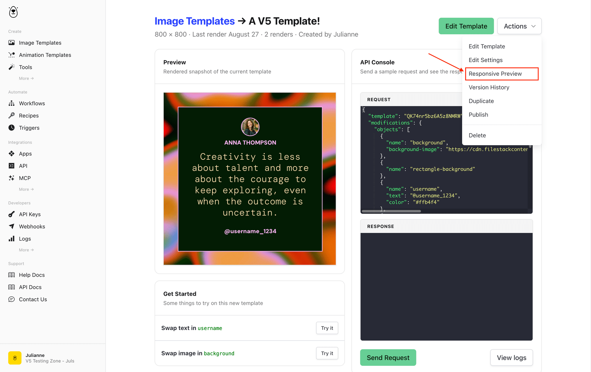 Screenshot of Bannerbear template page with arrow pointing to responsive preview