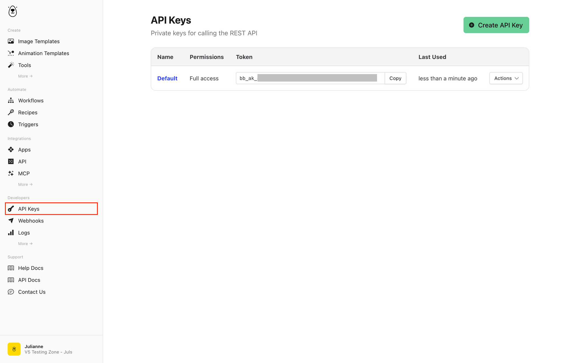 Screenshot of Bannerbear API key page