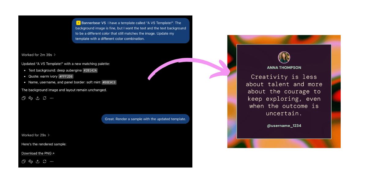 ChatGPT x Bannerbear plugin conversation with changing colors sample