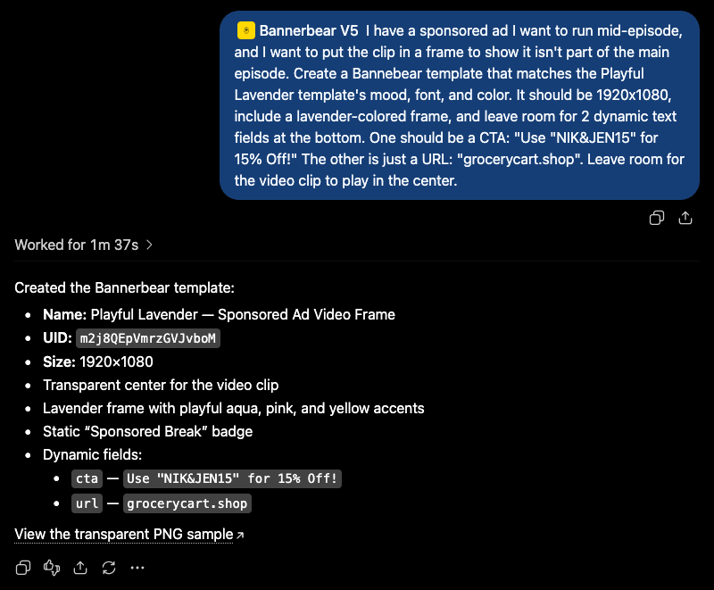 Screenshot of ChatGPT Bannerbear interaction for sponsor frame