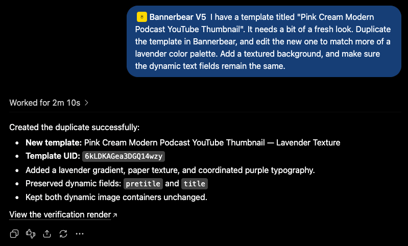 Screenshot of ChatGPT Bannerbear interaction for template variations