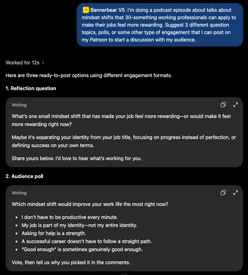 Screenshot of ChatGPT Bannerbear interaction for engagement options 1