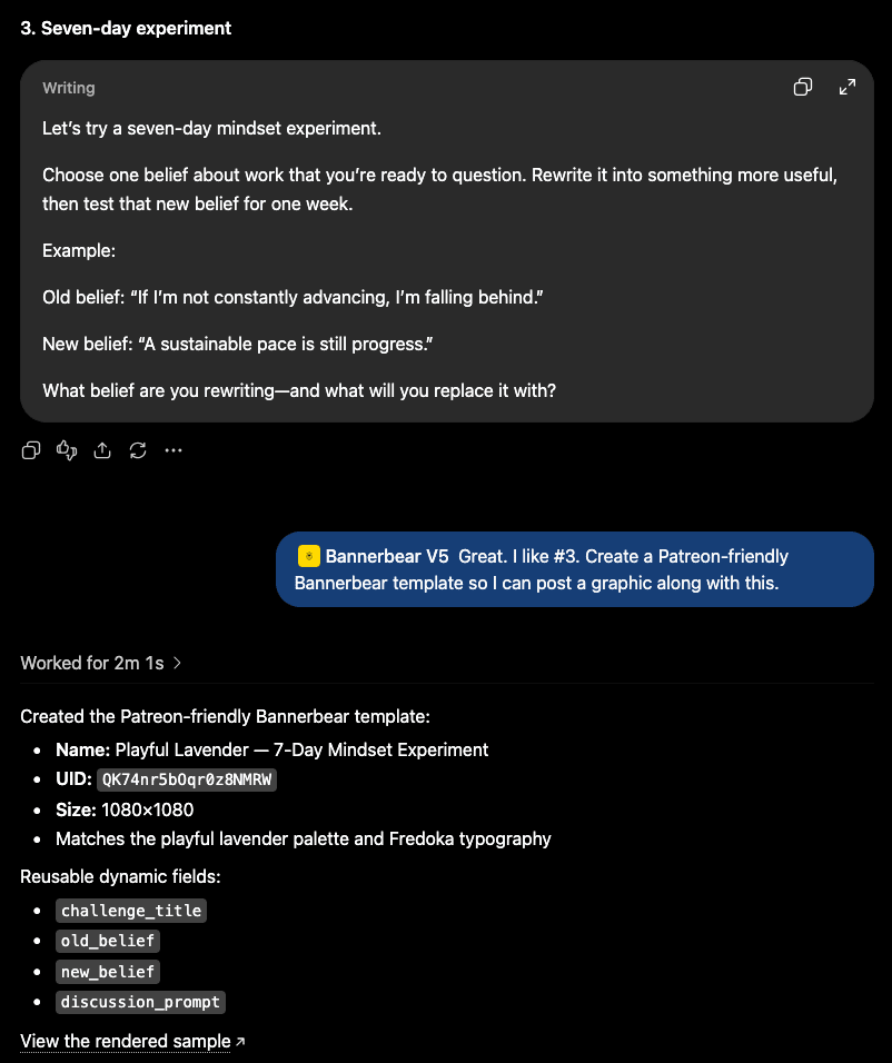 Screenshot of ChatGPT Bannerbear interaction for engagement options 2