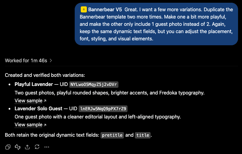 Screenshot of ChatGPT Bannerbear interaction for more template variations
