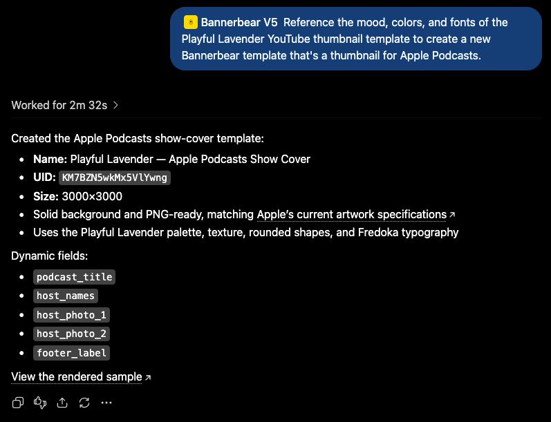 Screenshot of ChatGPT Bannerbear interaction for content repurposing