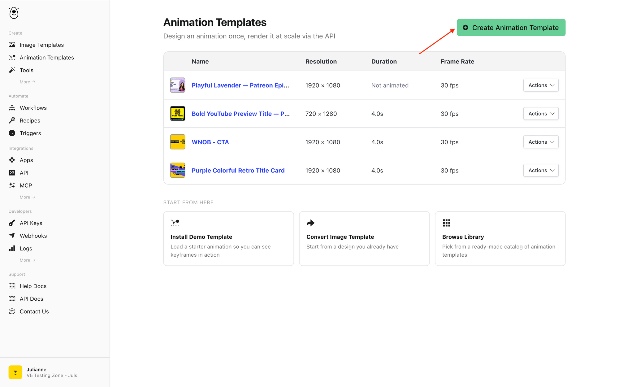 Screenshot of Bannerbear animation templates page with red arrow pointing to create animation template