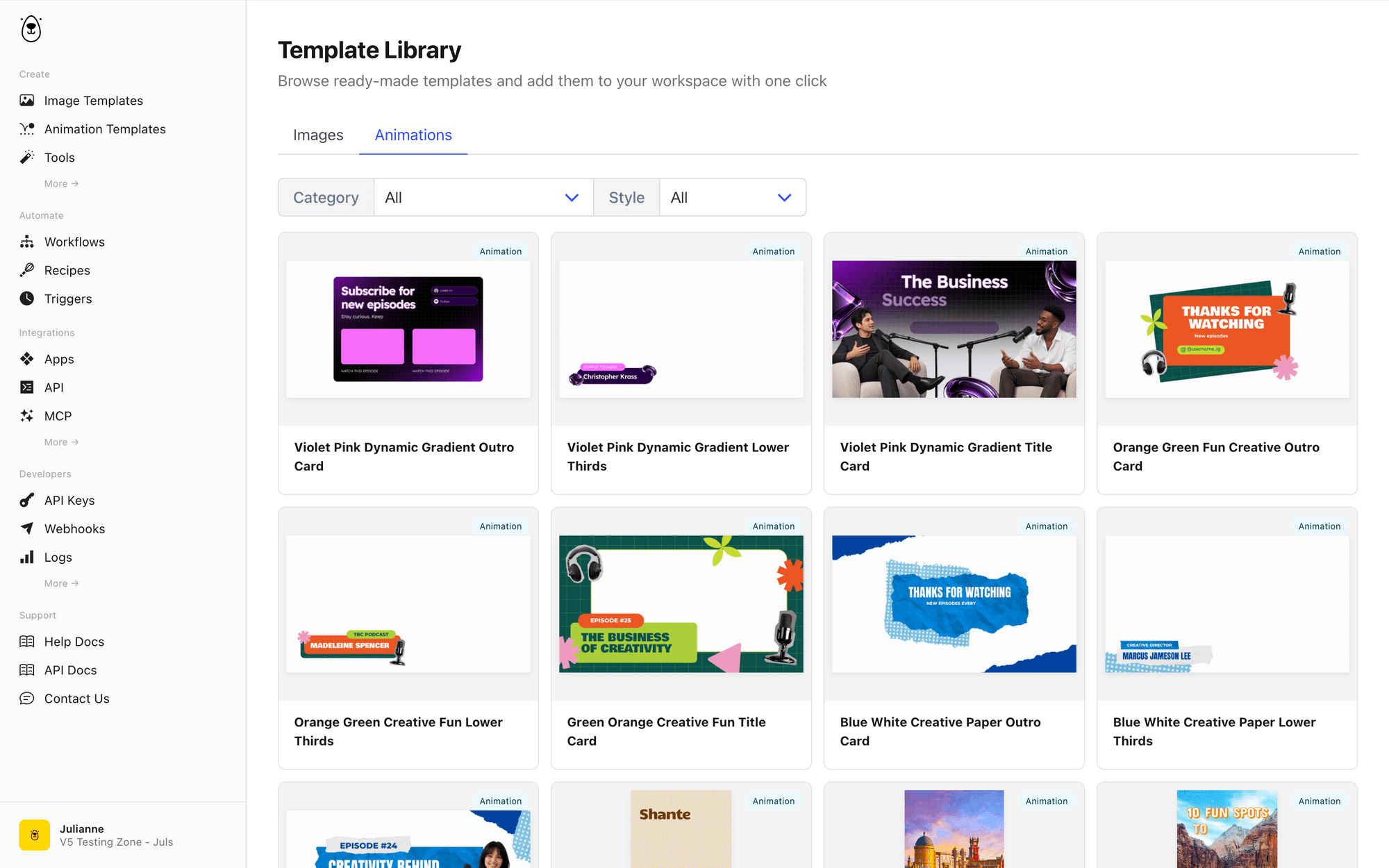 Screenshot of Bannerbear animation template library