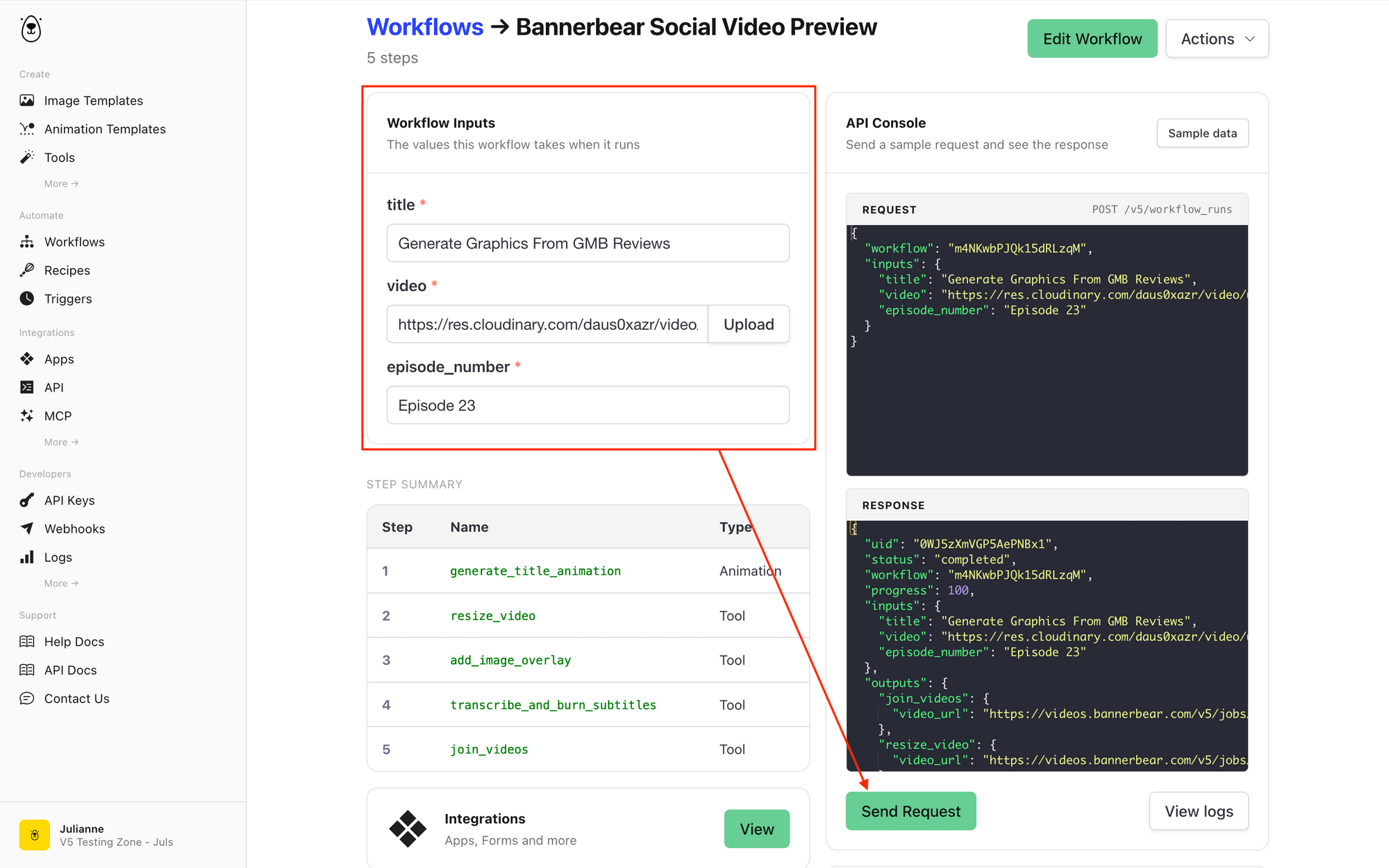 Screenshot of Bannerbear generate video from workflows api console