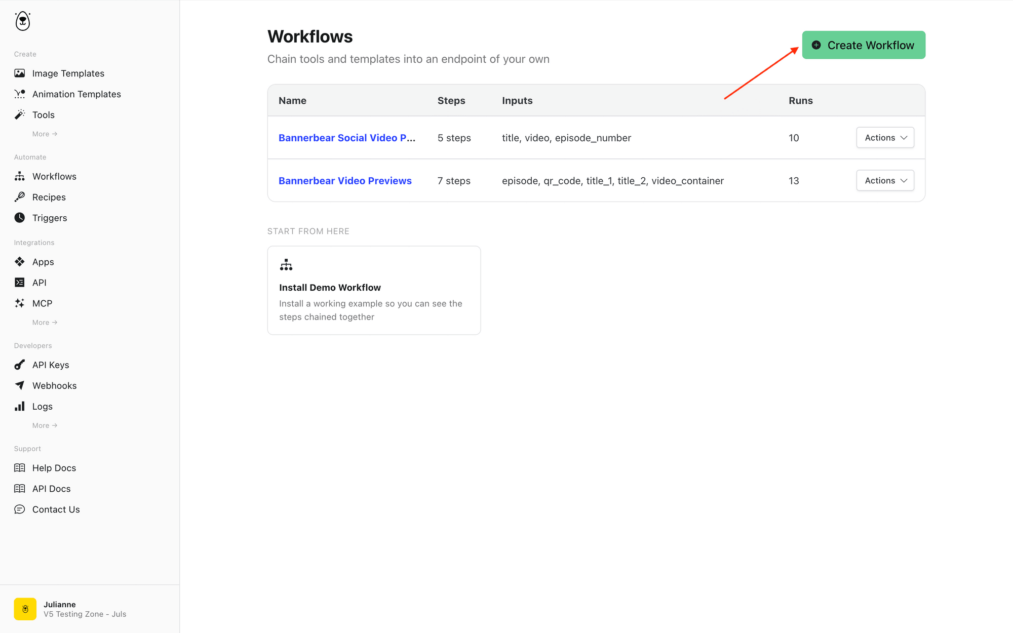 Screenshot of Bannerbear workflows with red arrow pointing to create workflow