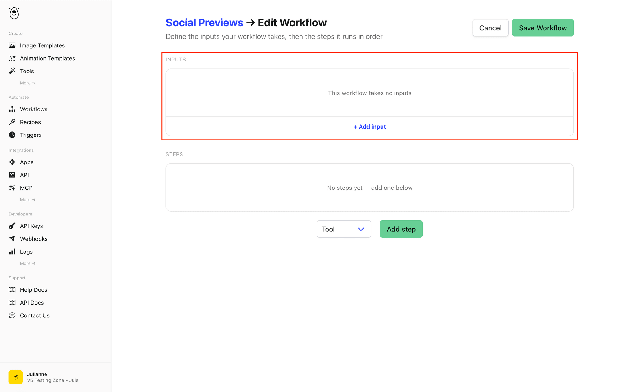 Screenshot of Bannerbear workflows edit page